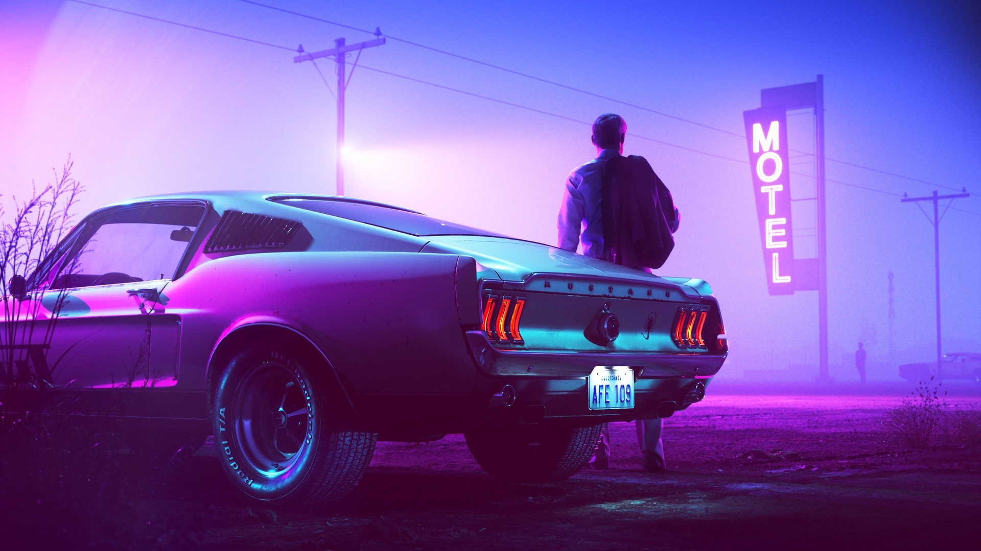 1967 Ford Mustang Fastback and Motel Sign HD Wallpaper