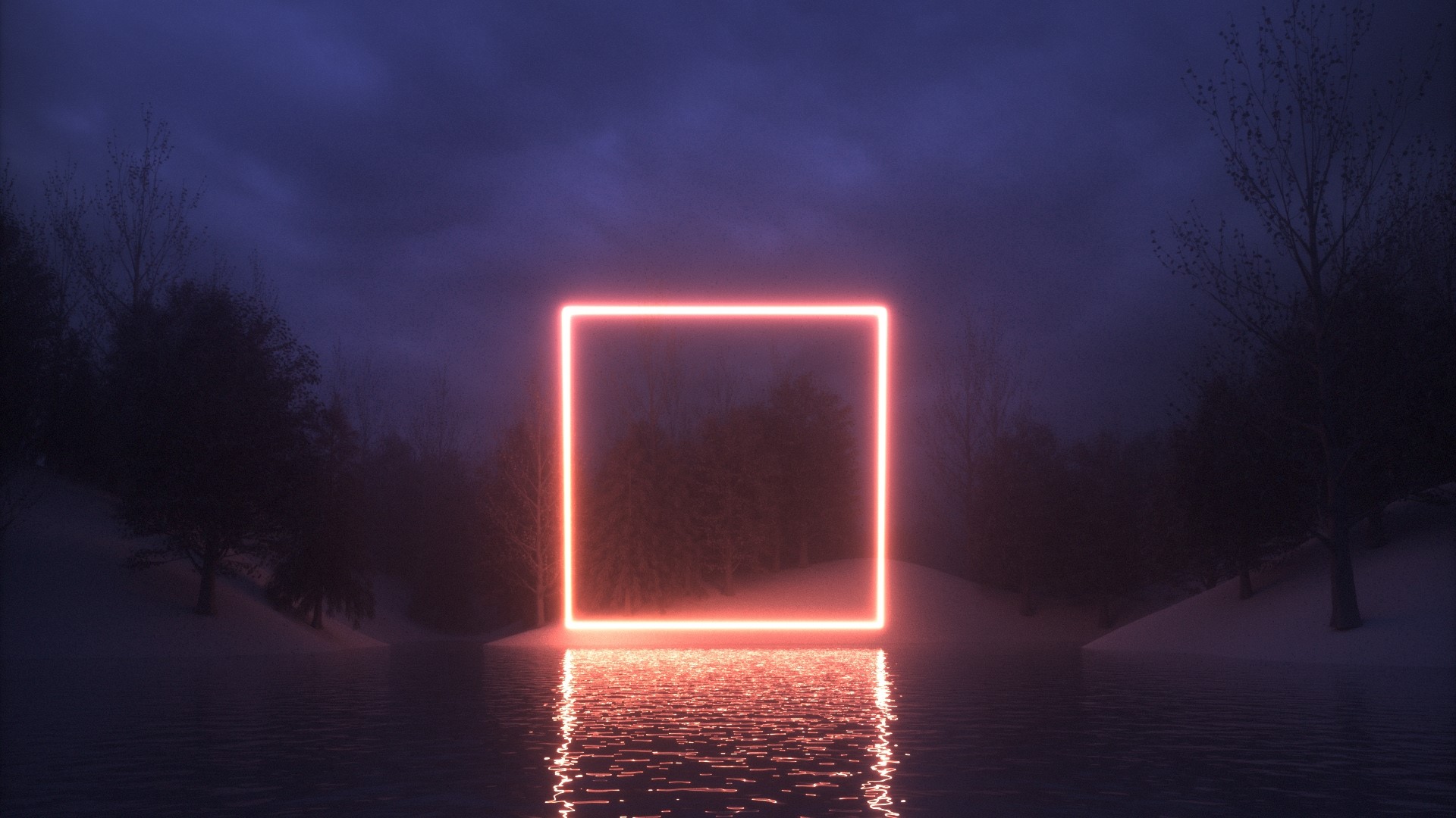 Neon Square Over Water in Snowy Forest HD Wallpaper