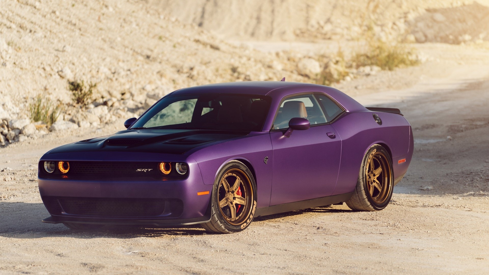 Purple Dodge Challenger SRT Hellcat in desert HD Wallpaper