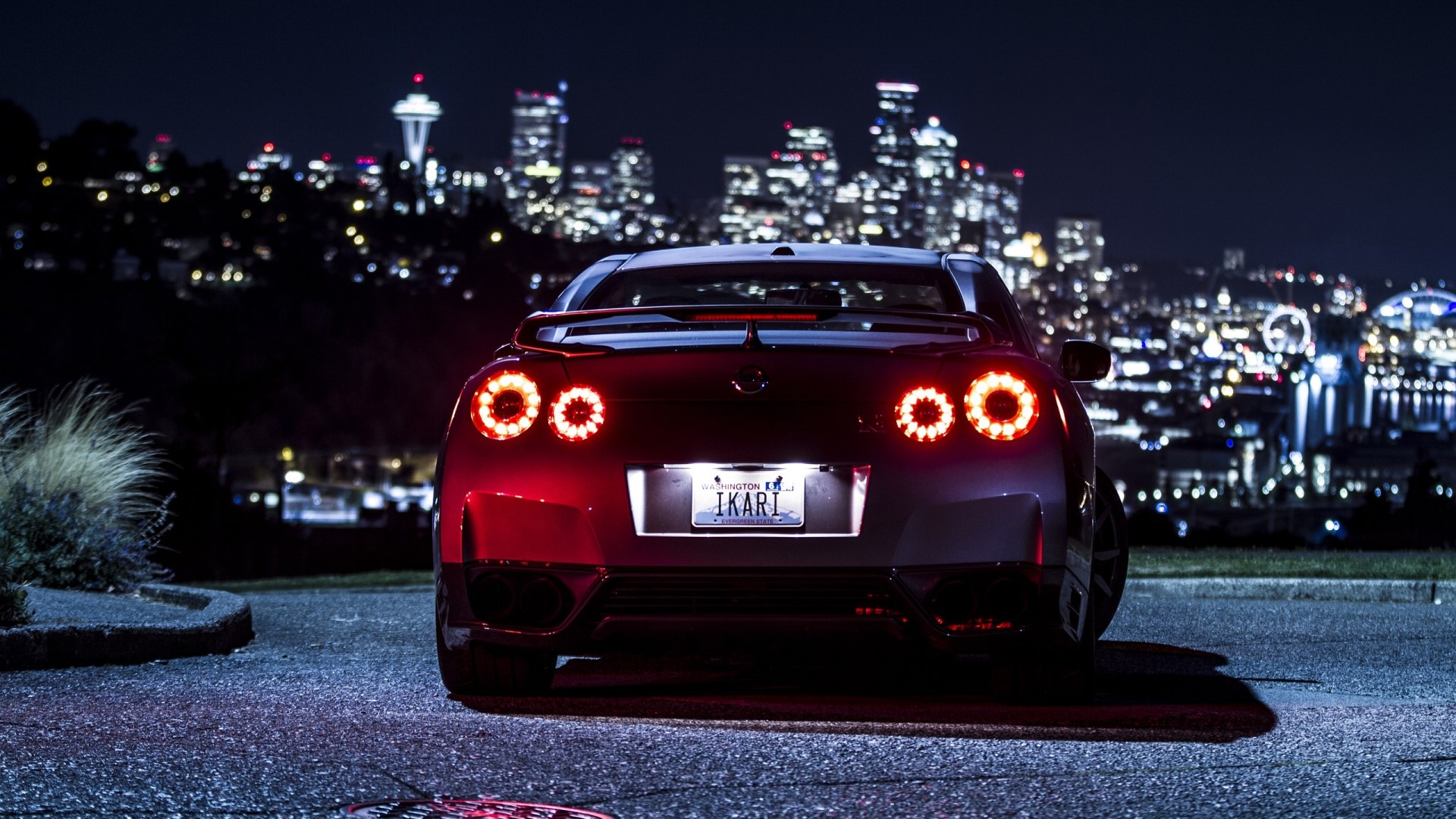 Nissan GT-R at Night with City Skyline HD Wallpaper