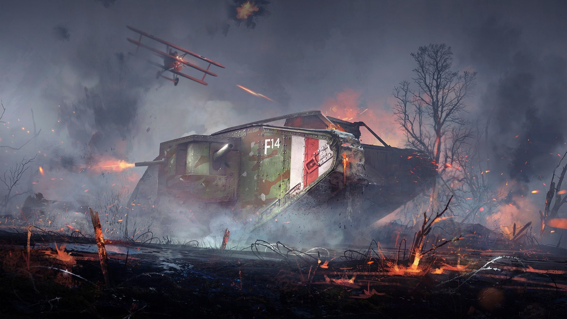 Tank and biplane in a WWI battlefield HD Wallpaper