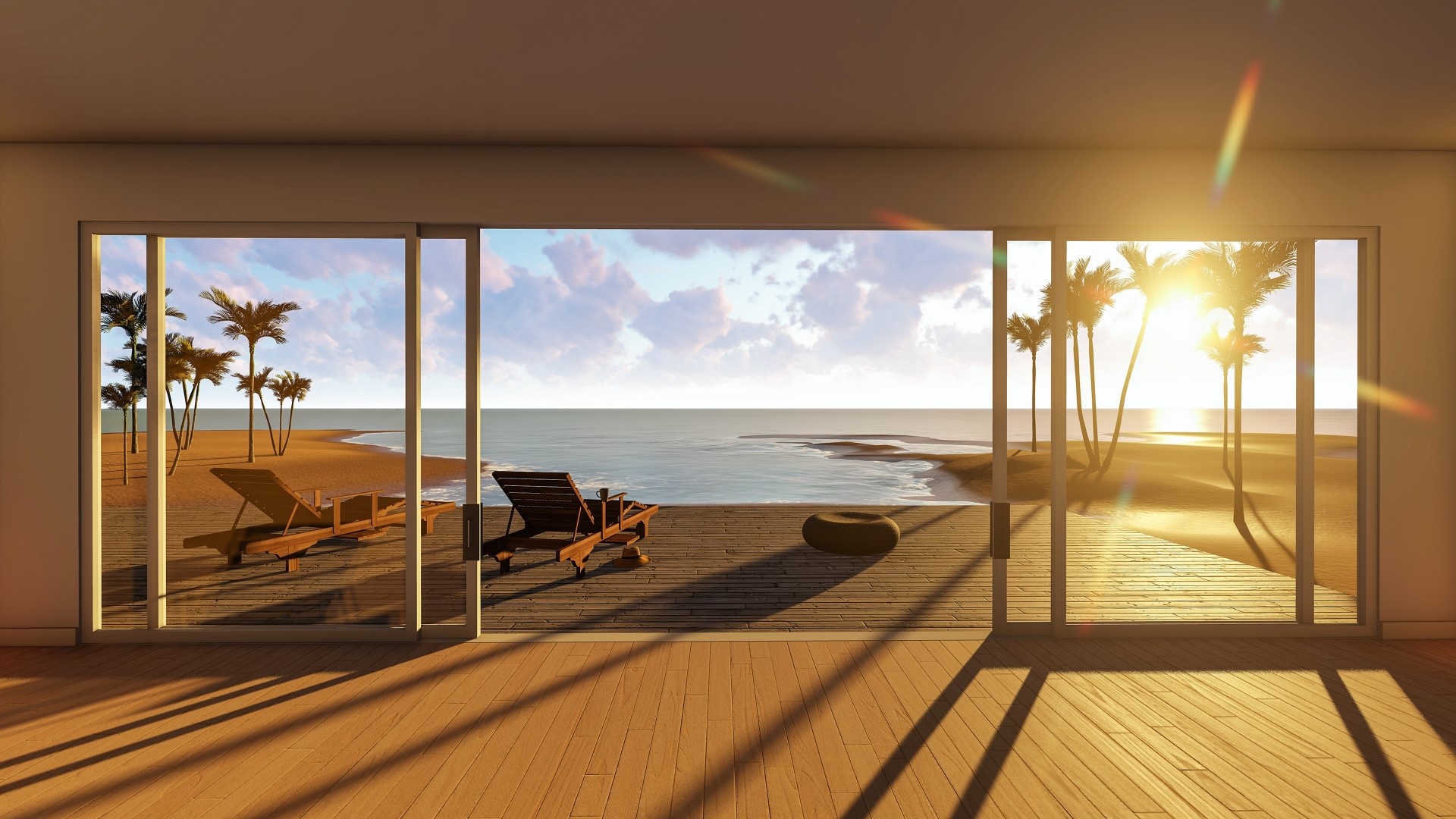 Modern room with sliding glass doors overlooking a tropical beach at sunset HD Wallpaper