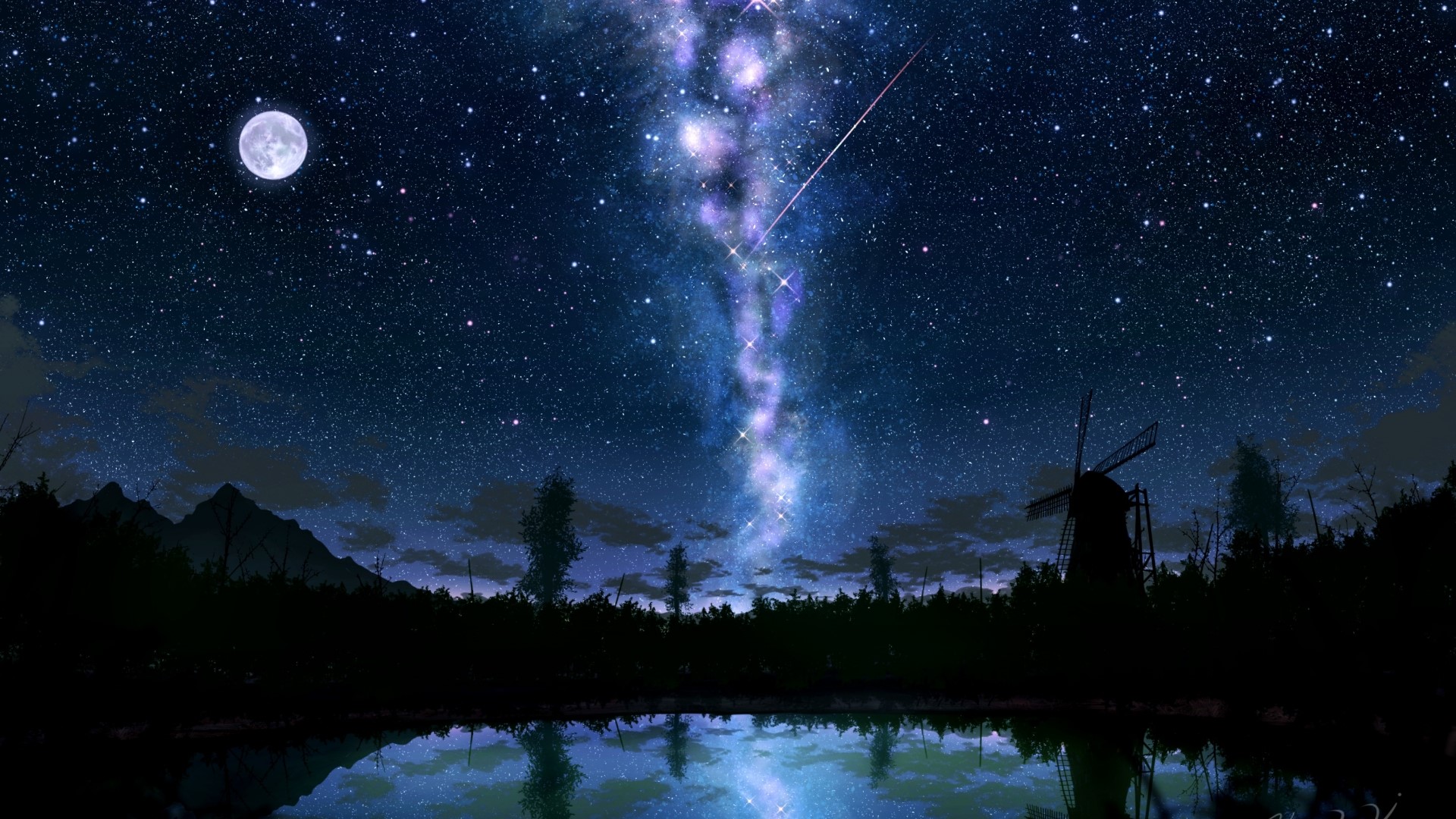 Milky Way over a lake with a windmill HD Wallpaper