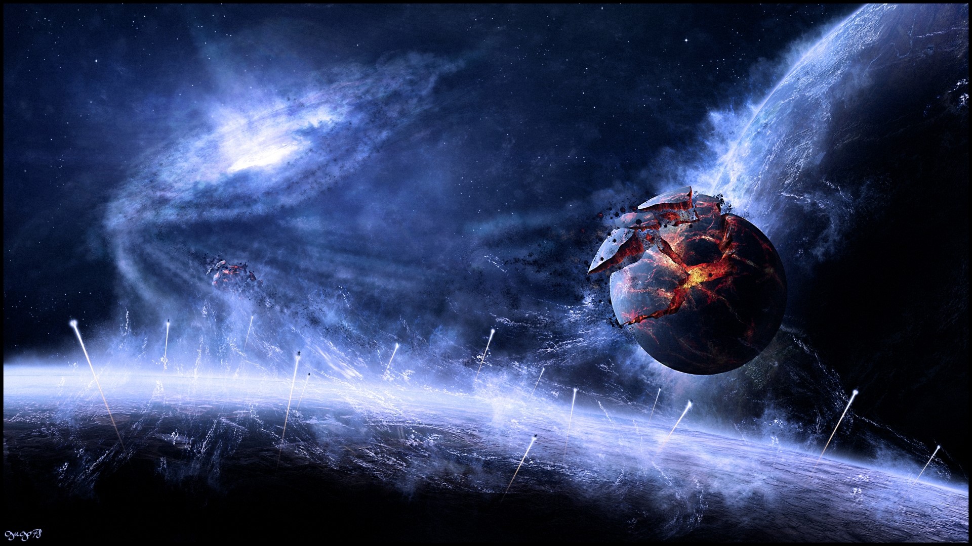 Exploding planet in a nebula with a galaxy HD Wallpaper