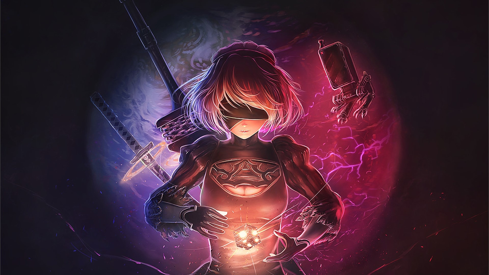 2B from NieR: Automata with swords and pod HD Wallpaper