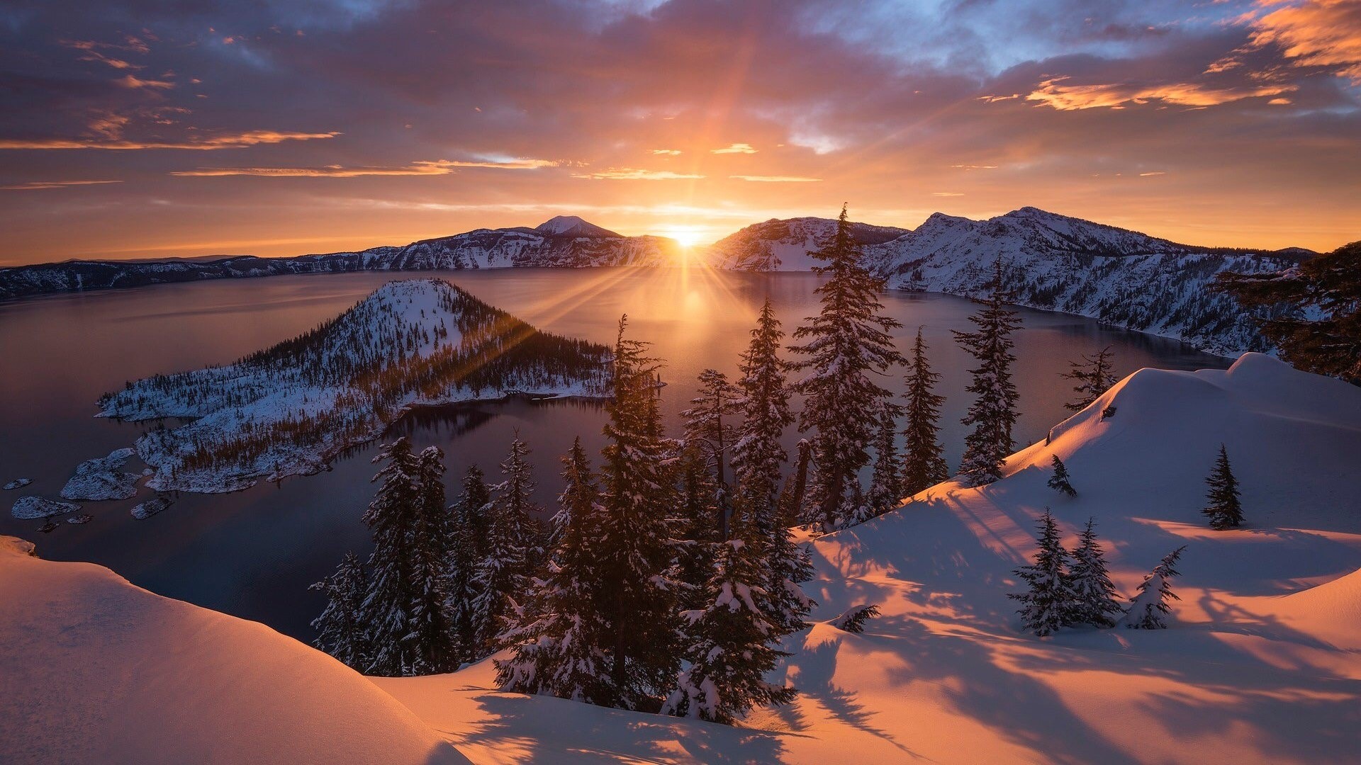 Crater Lake at Sunrise with Snow-Covered Mountains HD Wallpaper