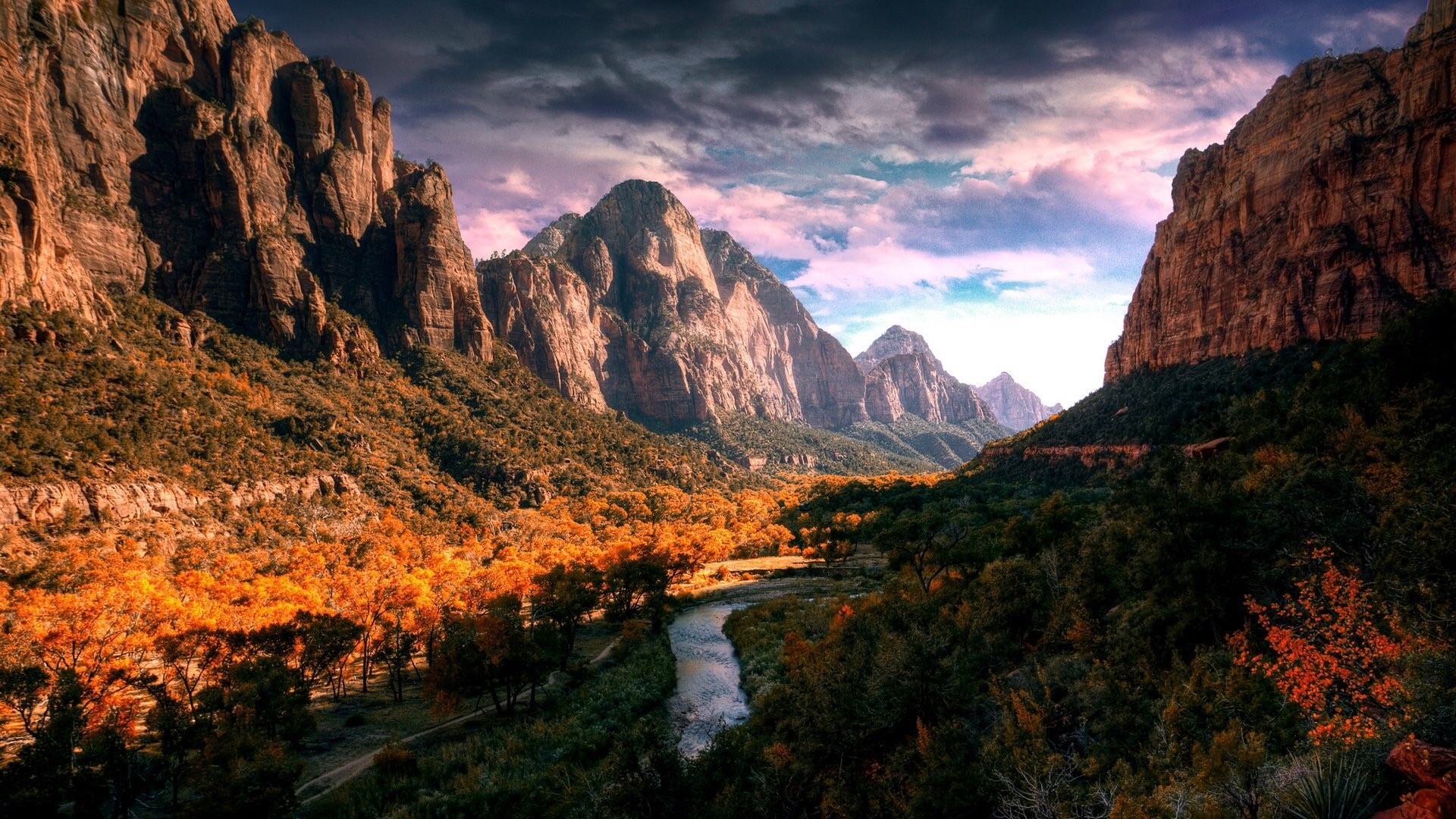 Zion National Park landscape with river and mountains HD Wallpaper