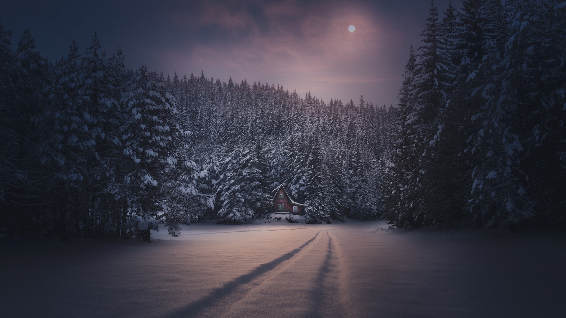 Winter cabin in snowy forest under moonlight HD Wallpaper