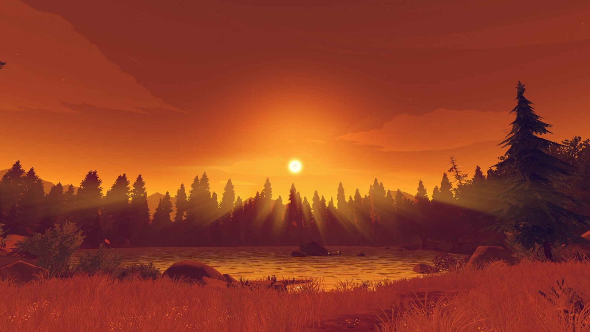 Sunset over a lake with pine trees and grass HD Wallpaper