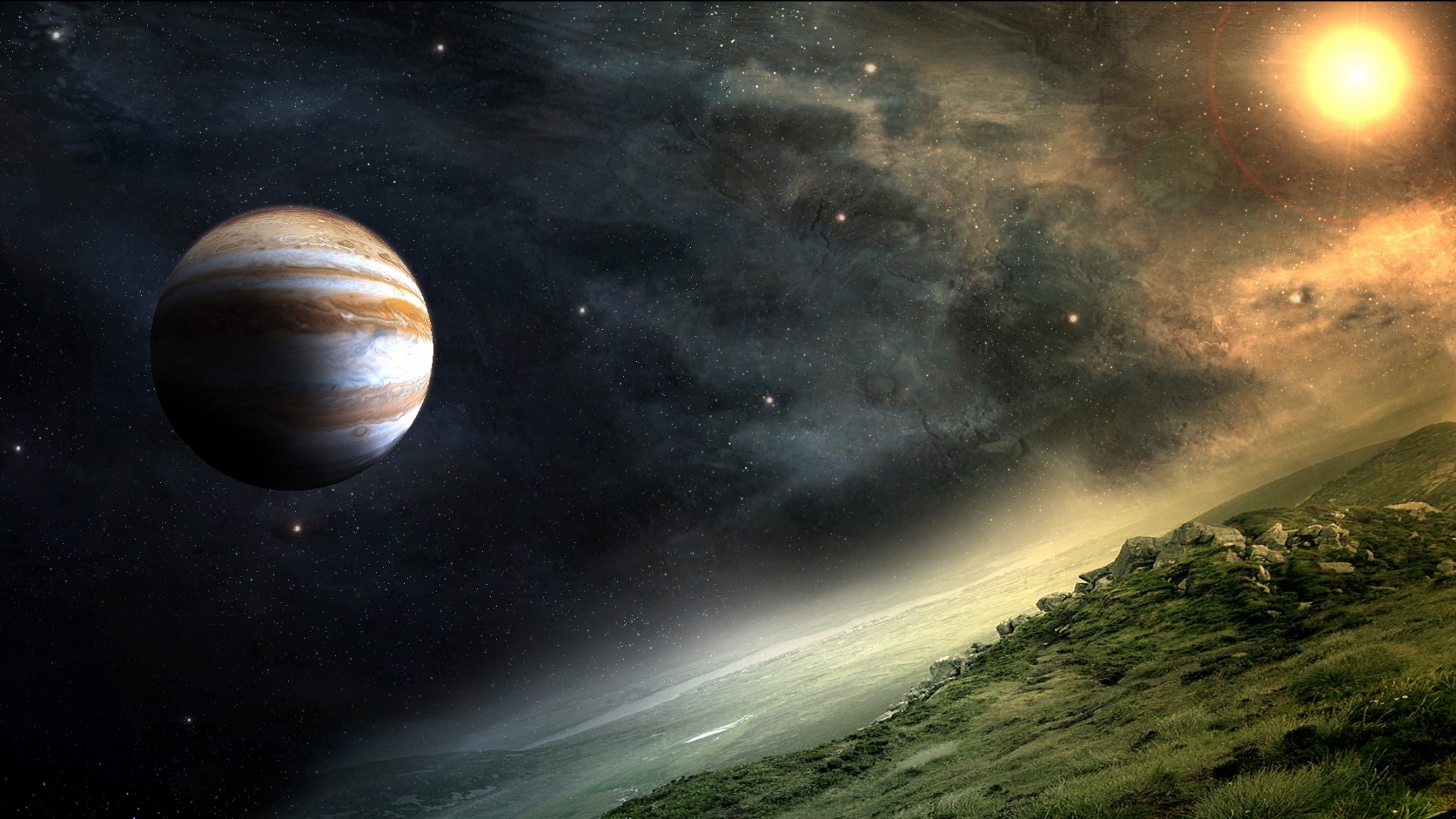 Jupiter and a sunlit alien landscape HD Wallpaper