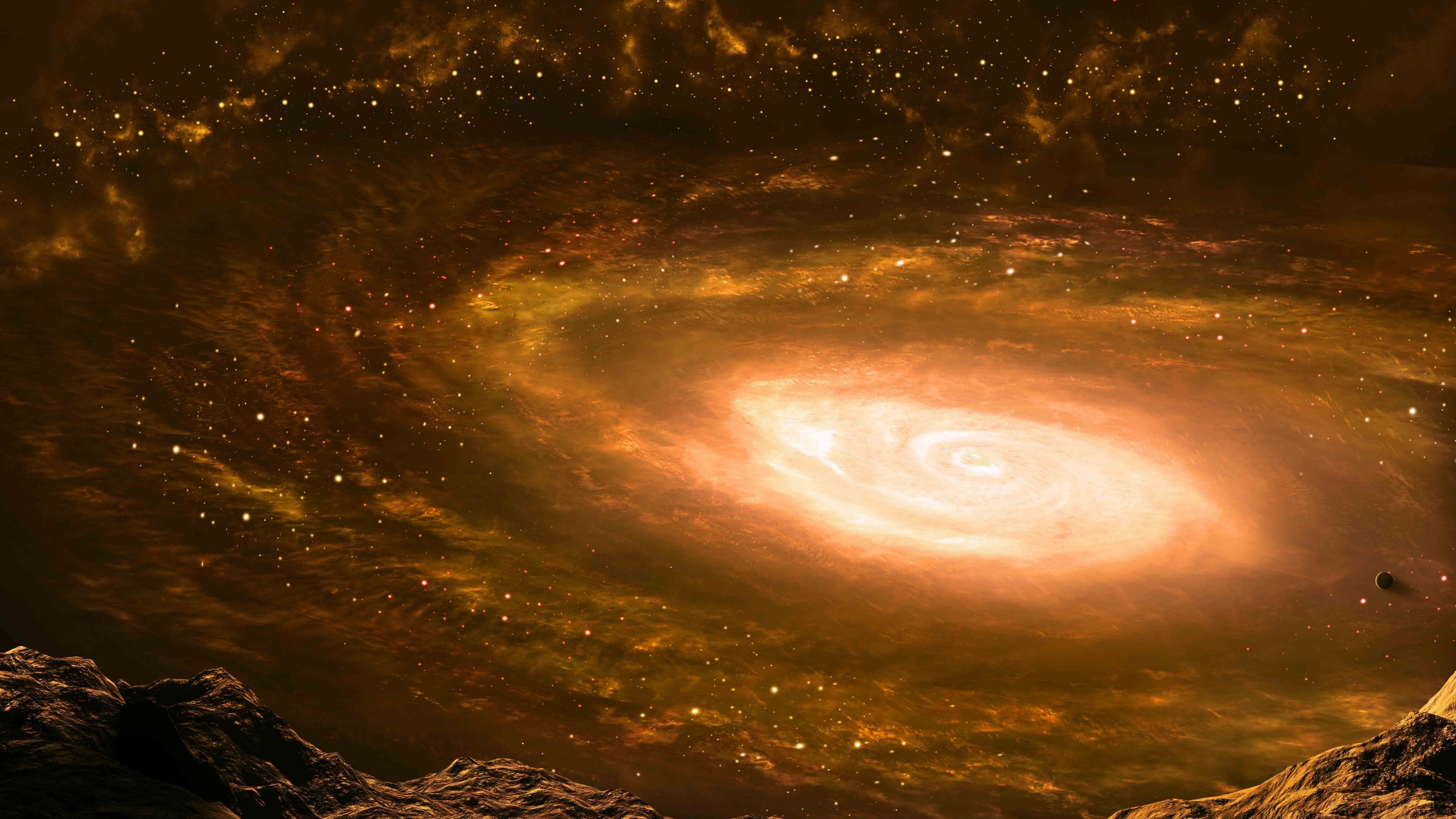 4K Galaxy with Planets and Mountains HD Wallpaper