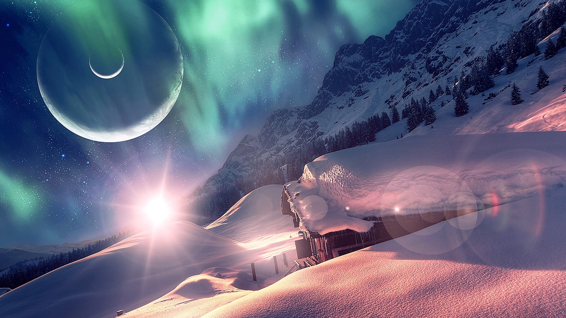 Fantasy snowy mountains with aurora and planet HD Wallpaper