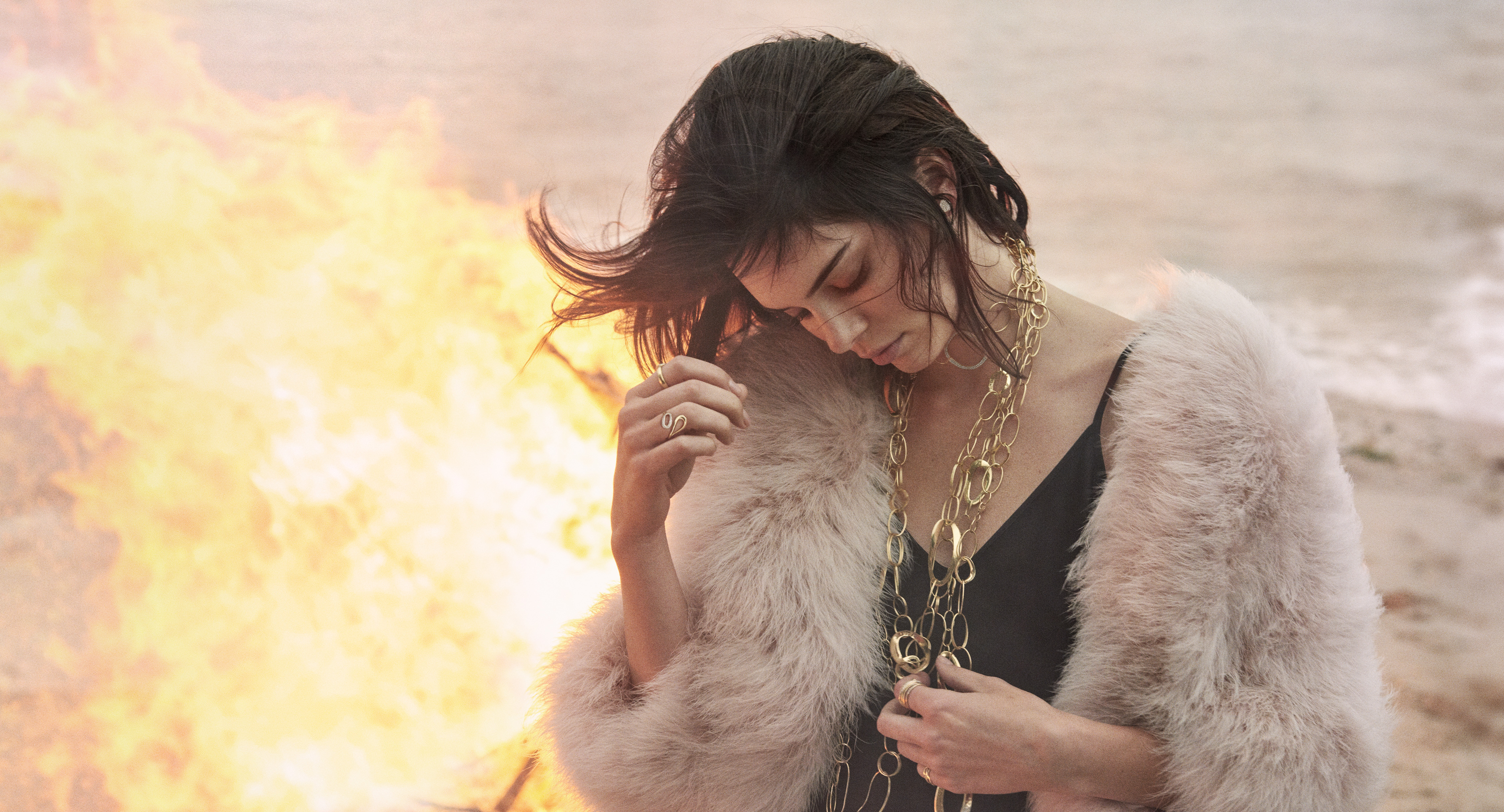 Kendall Jenner in a Fur Coat by a Fire HD Wallpaper