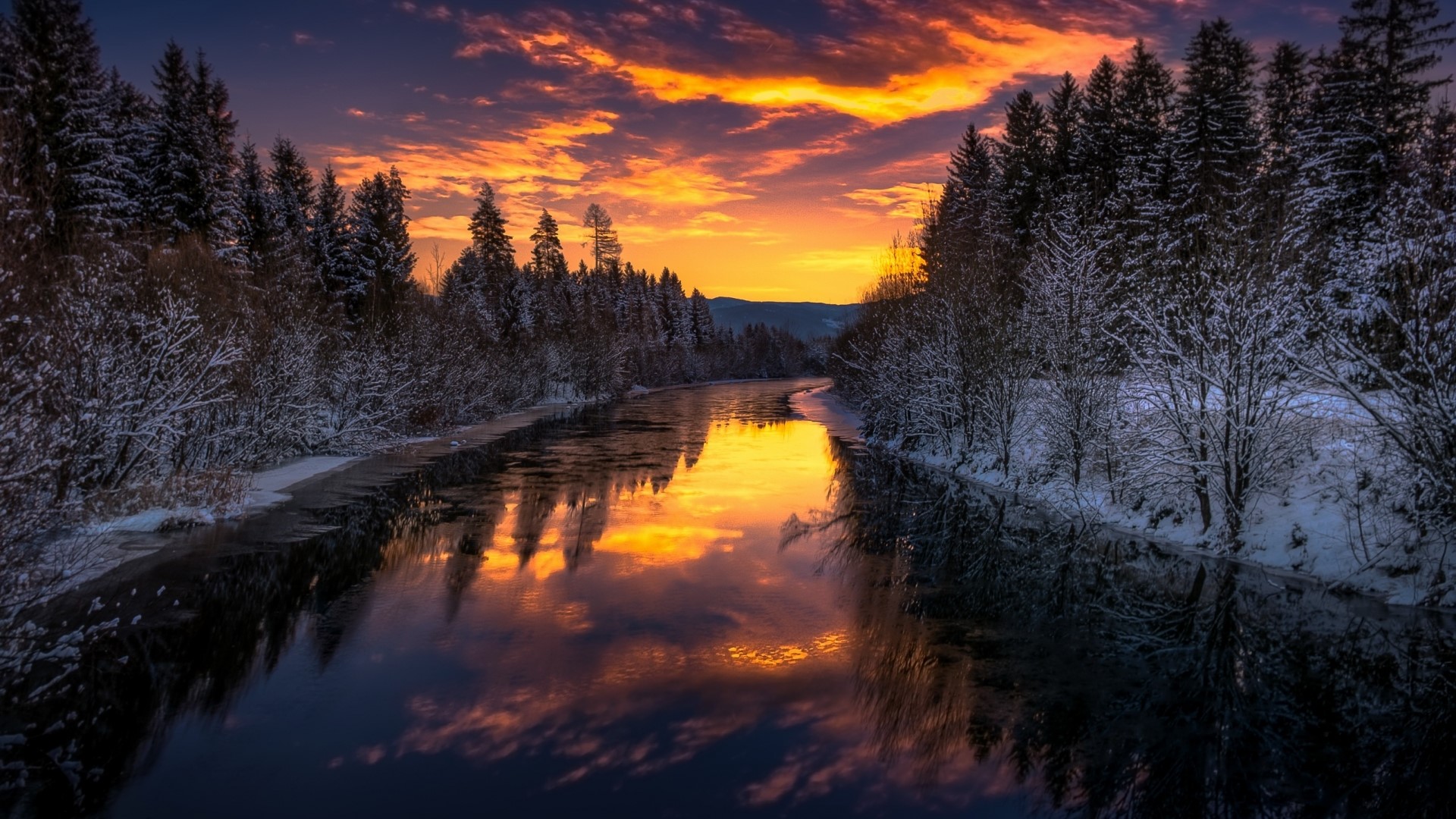 Winter river at sunset with snow-covered trees HD Wallpaper