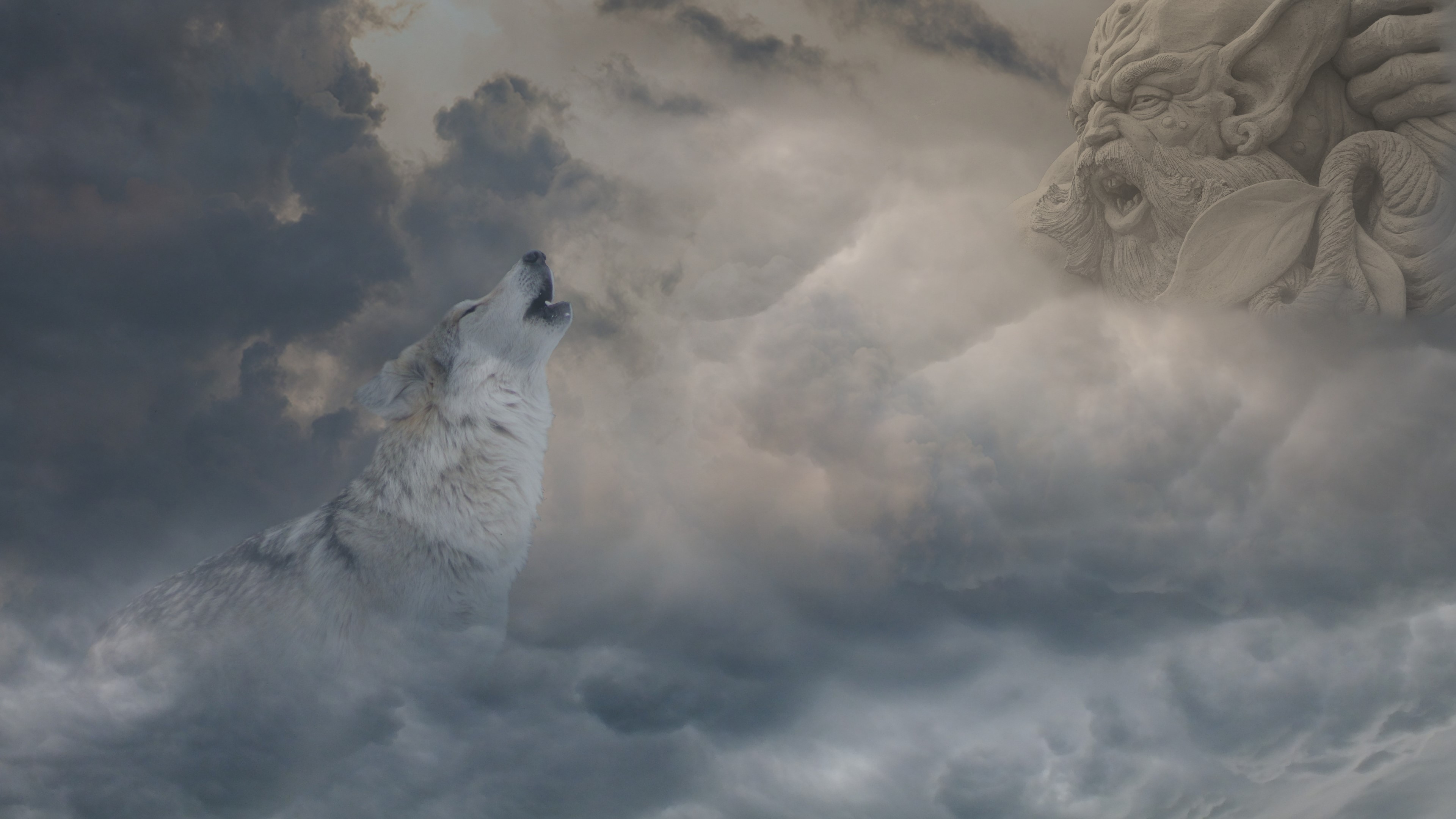4K Wolf Howling at a Stone Monster in Clouds HD Wallpaper