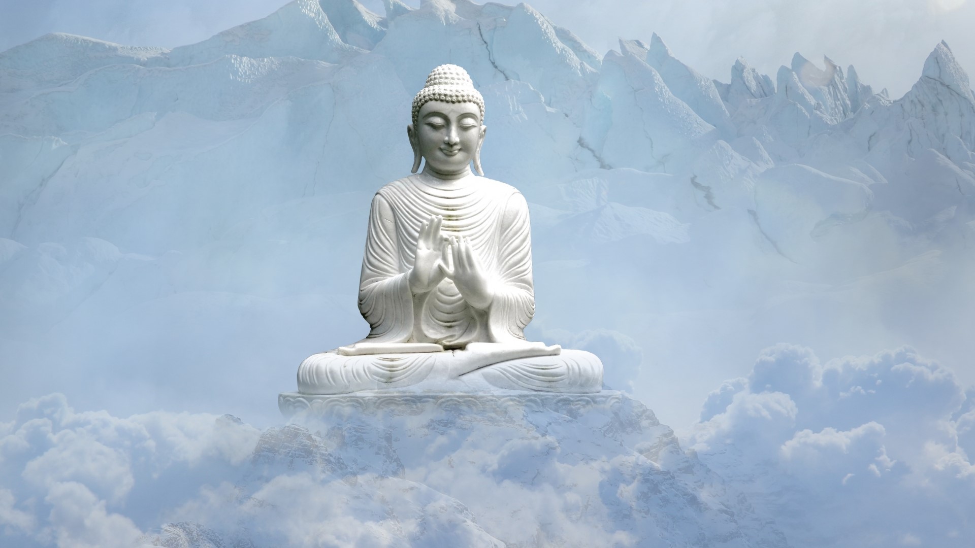 White Buddha statue meditating on clouds with snowy mountains HD Wallpaper