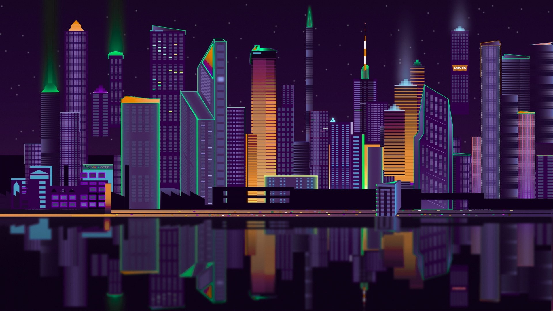 Purple Night Cityscape with Reflections HD Wallpaper