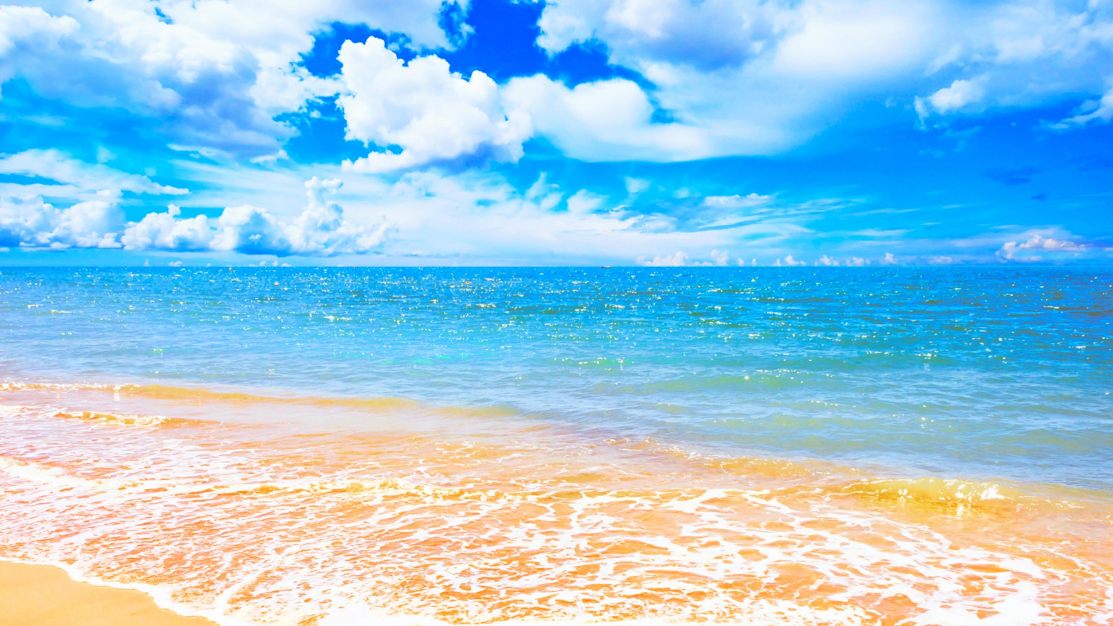 4K Beach with Blue Sky and Clouds HD Wallpaper