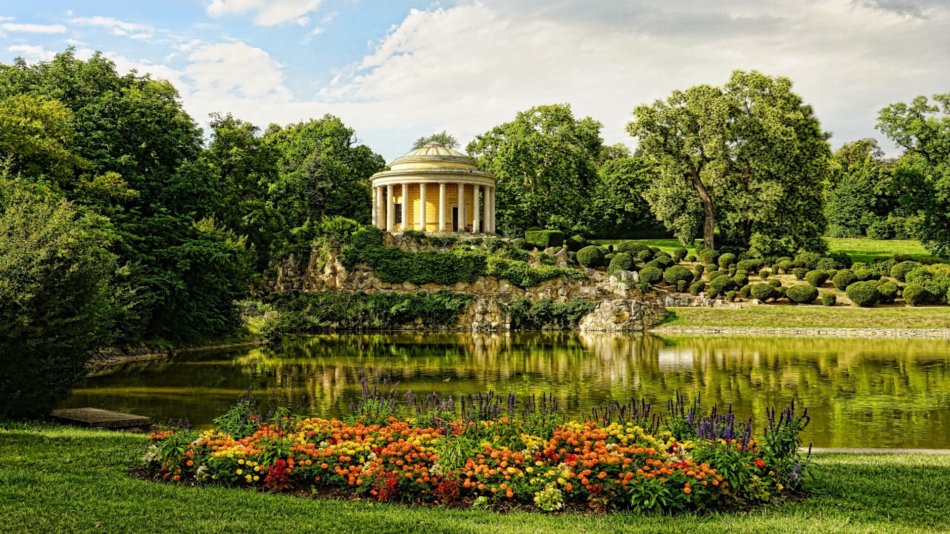 Park with a pond and a temple HD Wallpaper