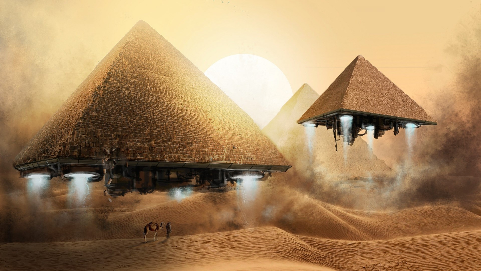 Pyramids taking off in the desert HD Wallpaper