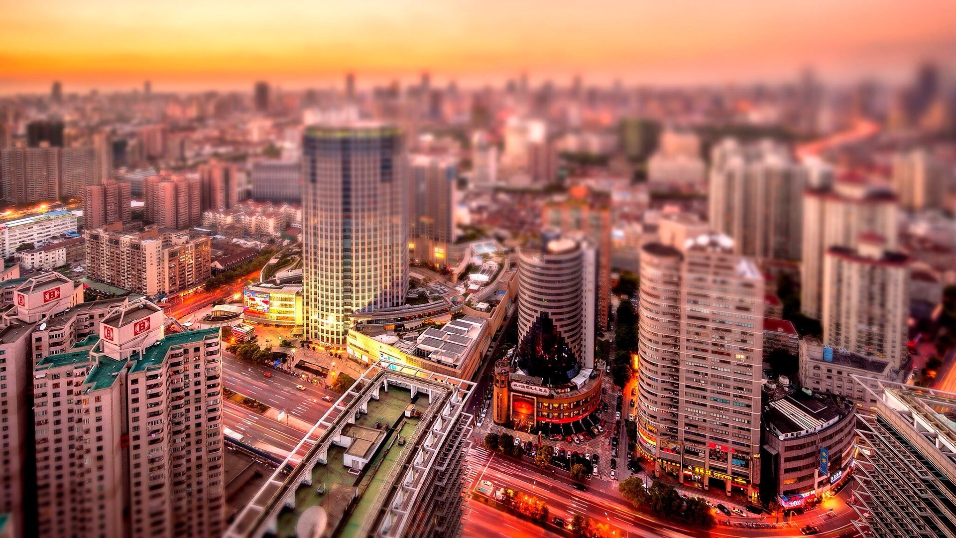 Aerial view of Shanghai skyline at sunset HD Wallpaper