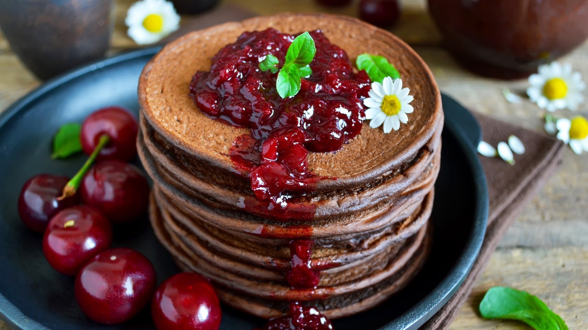 Chocolate pancakes with cherry jam and cherries HD Wallpaper
