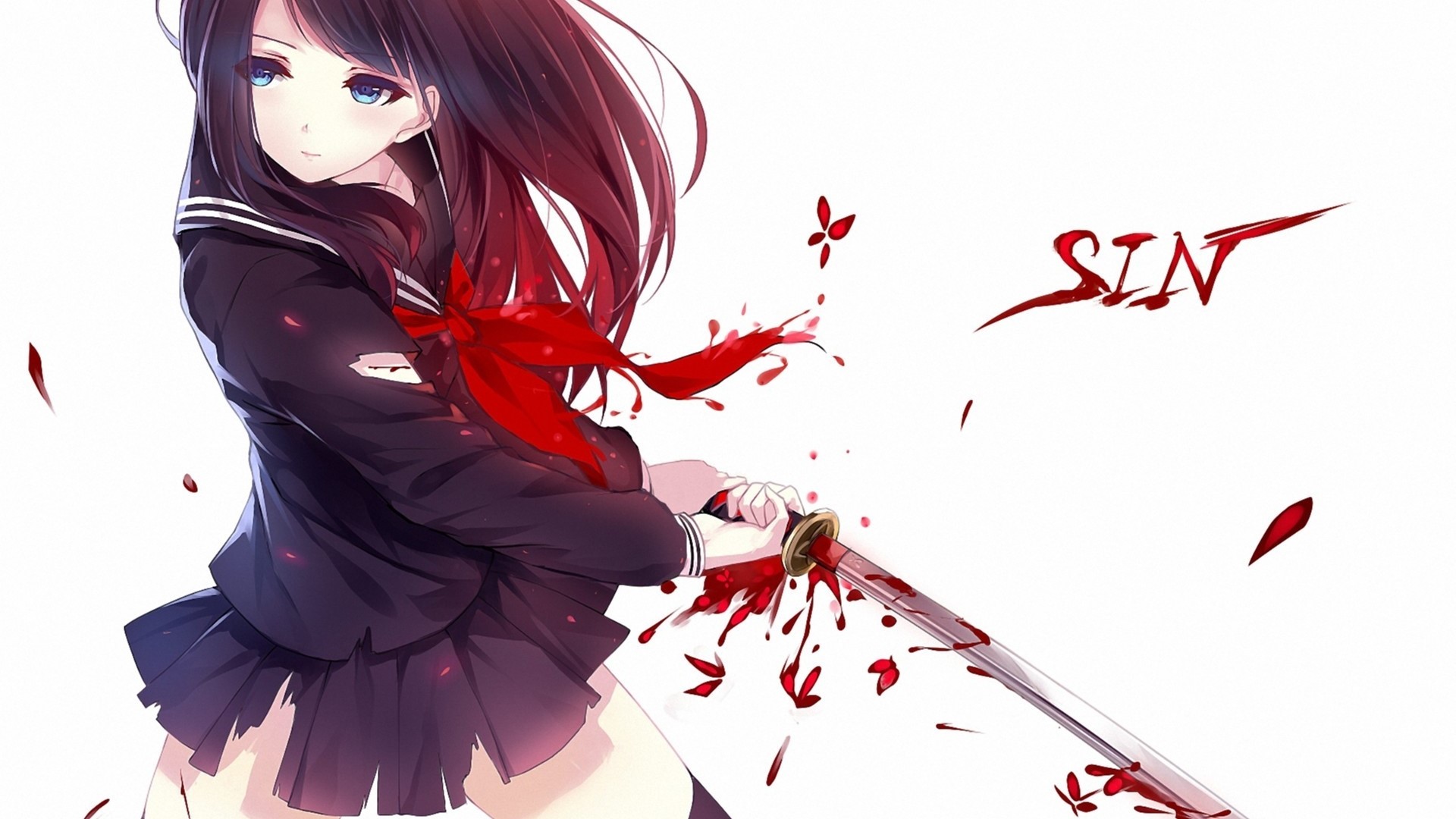 Anime Girl with Katana and Blood Splatter HD Wallpaper