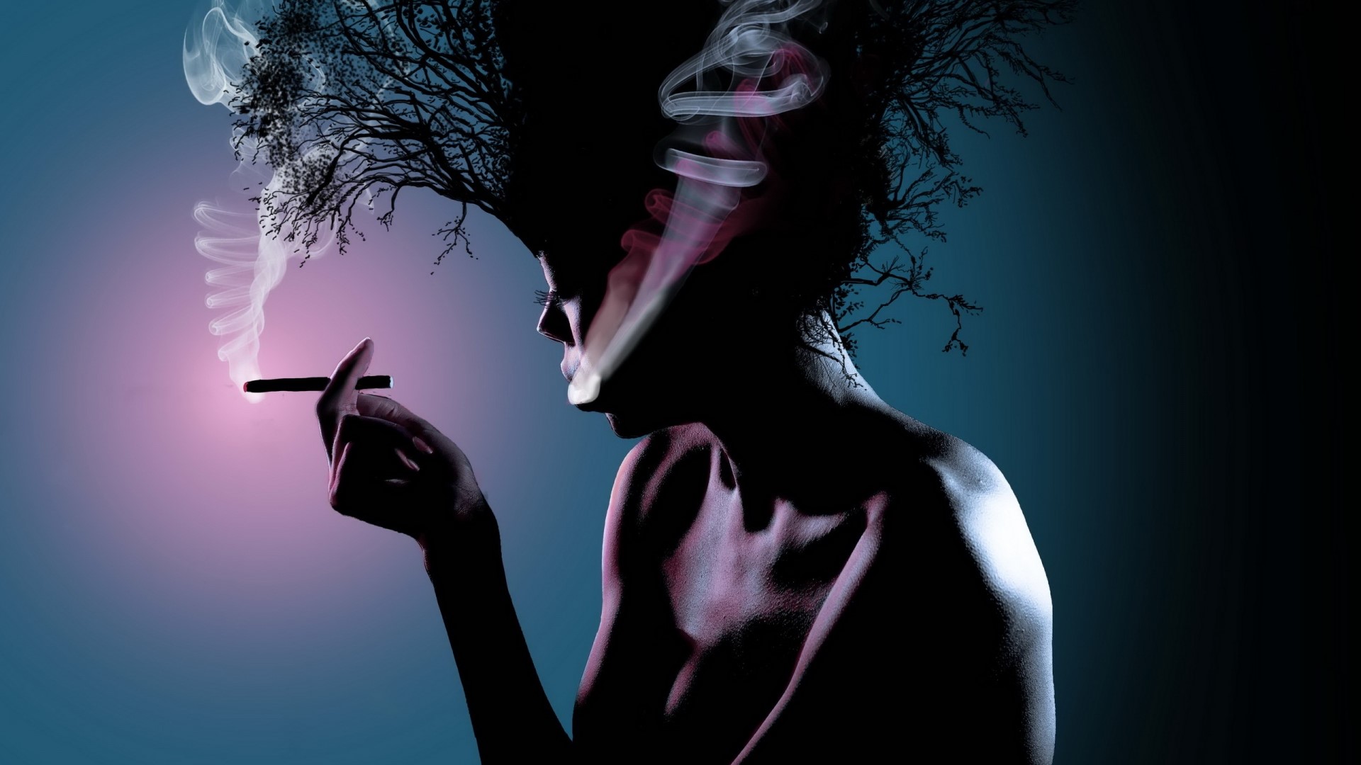 Woman with tree branches and smoke HD Wallpaper
