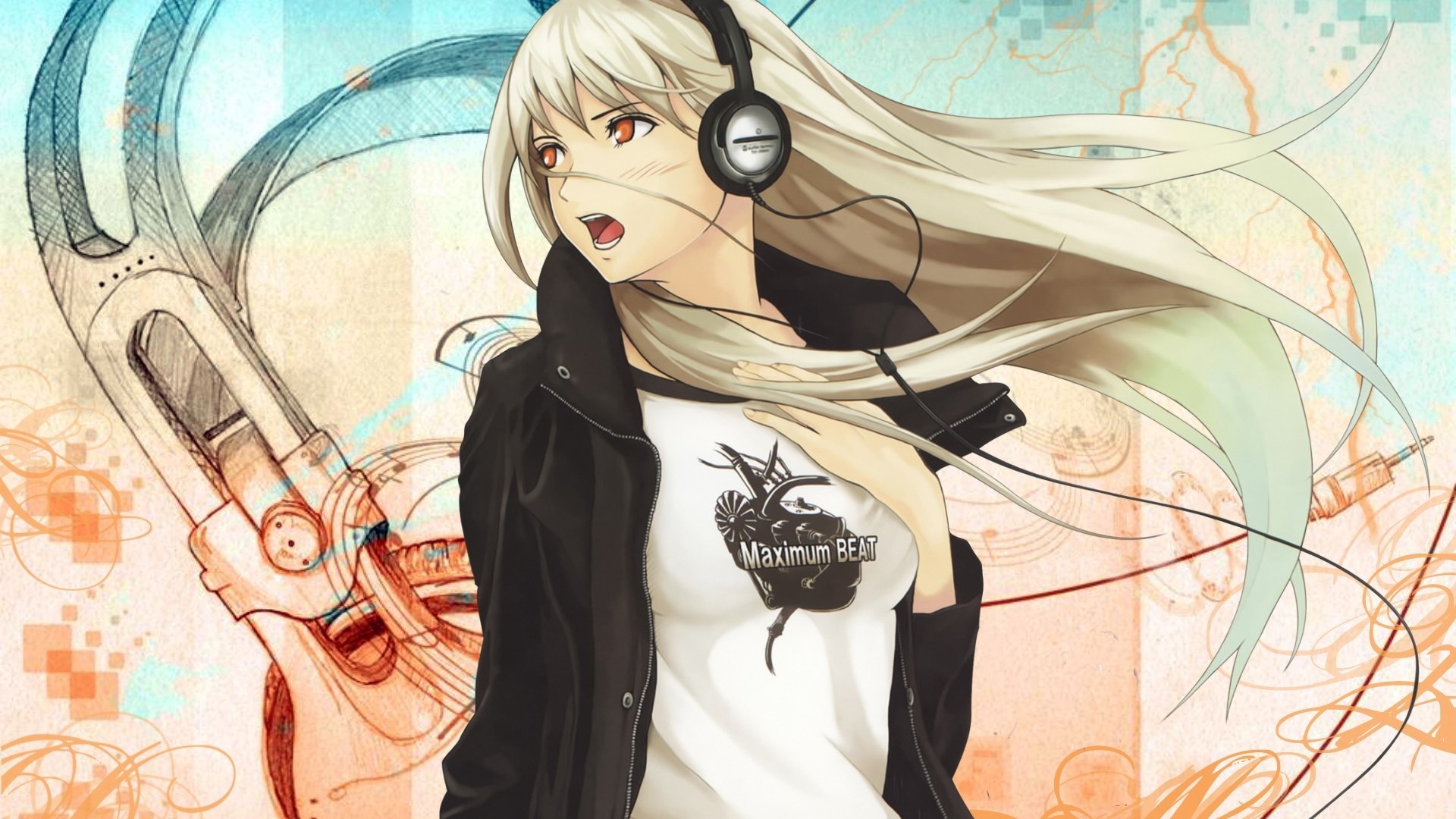 Anime girl with headphones and jacket HD Wallpaper