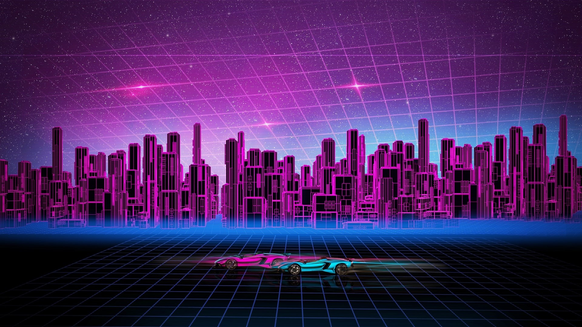 Retro-futuristic cityscape with sports cars HD Wallpaper