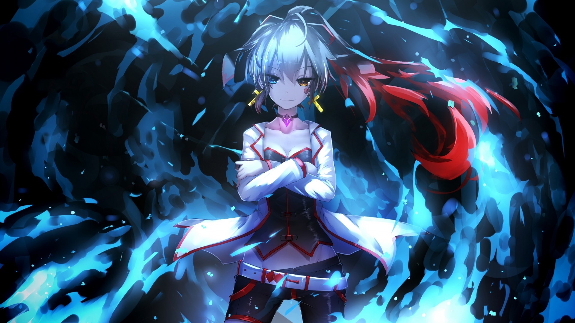 Anime girl with blue energy and red accents HD Wallpaper
