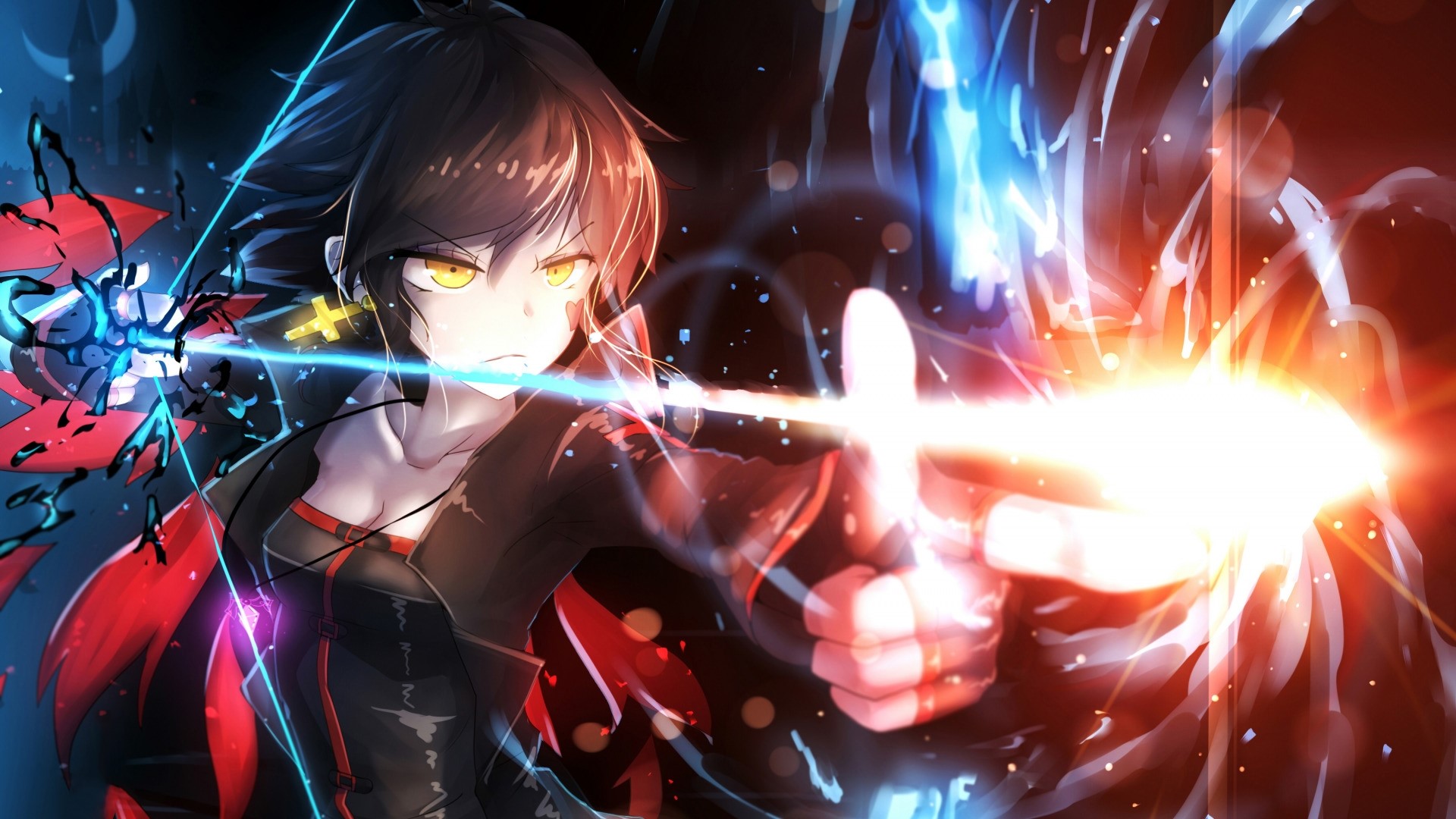 Anime girl with yellow eyes firing energy blast HD Wallpaper