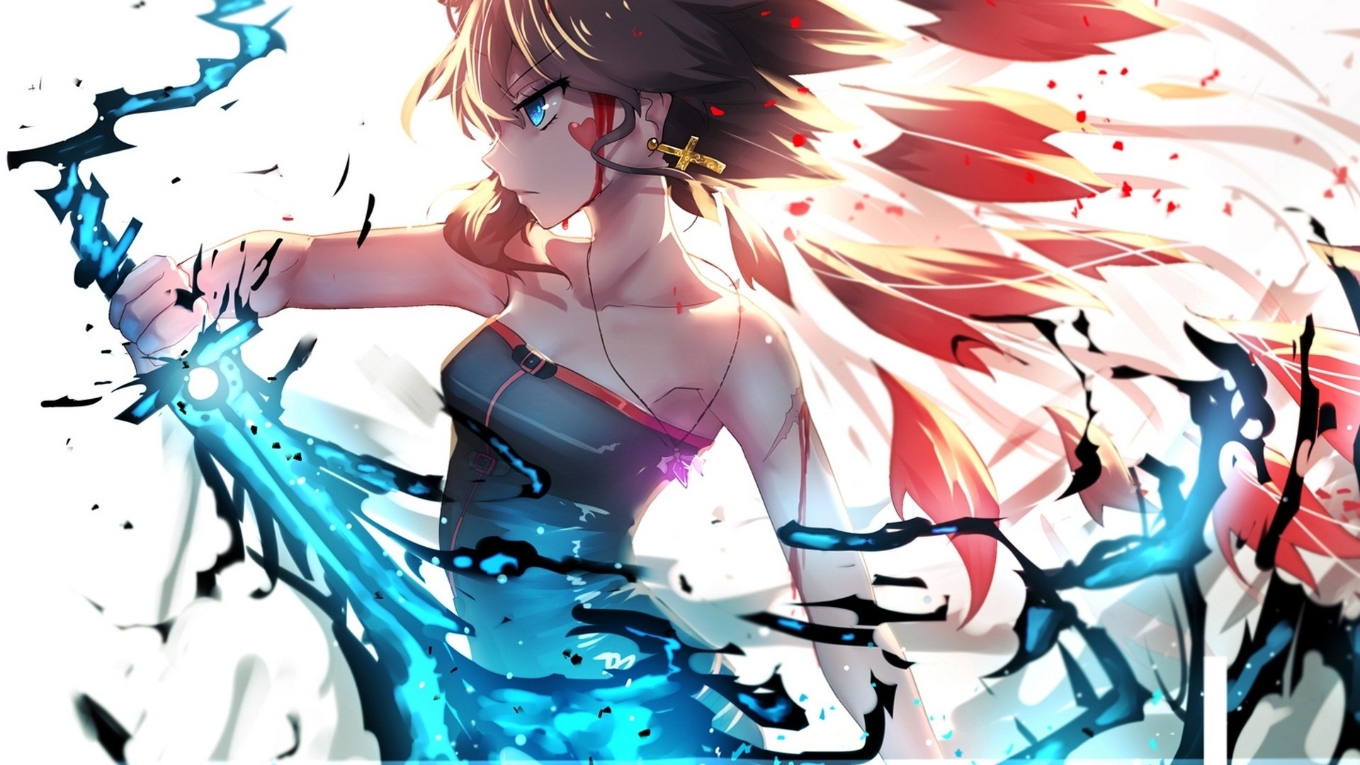 Anime girl with glowing sword and wings HD Wallpaper