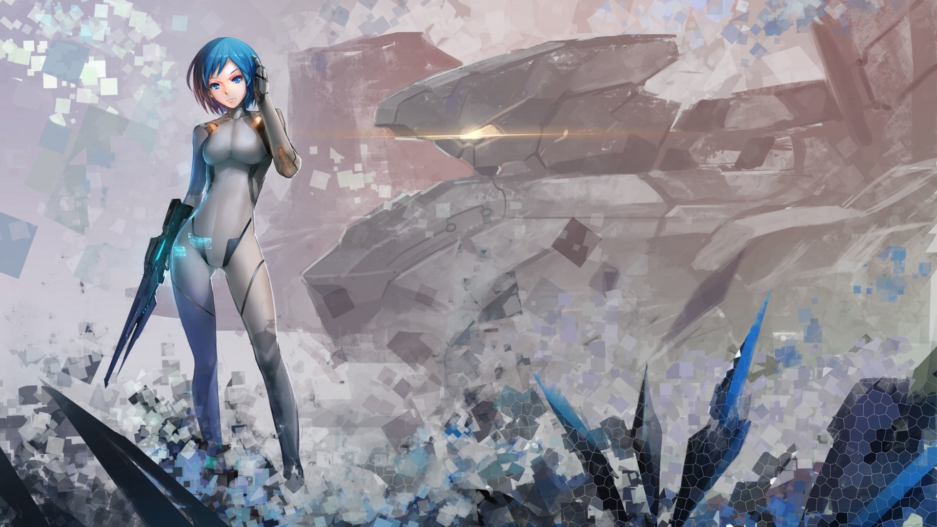 Anime Girl in Sci-Fi Suit with Gun and Spaceship HD Wallpaper