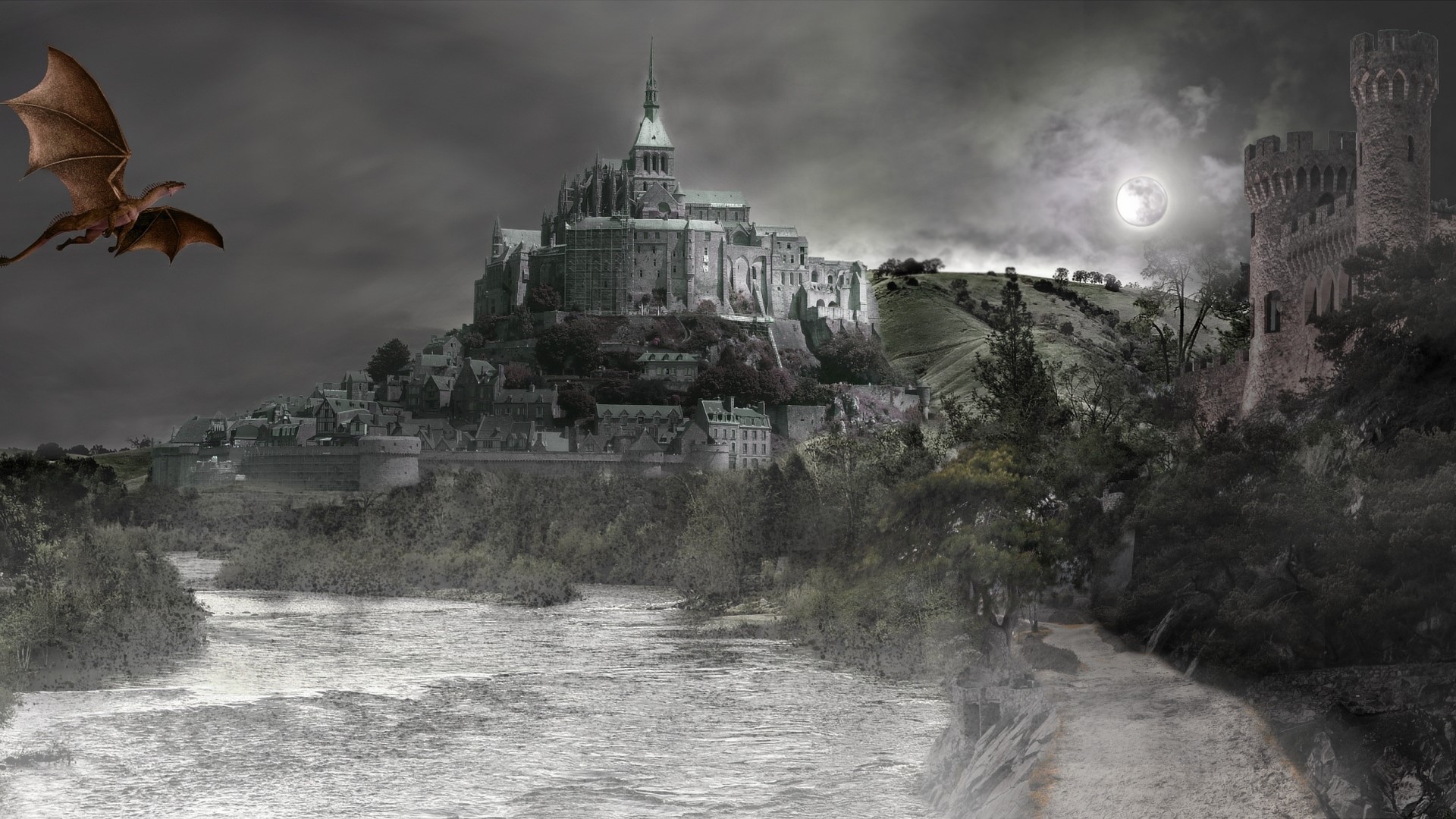Dragon flying over a fantasy castle by a river HD Wallpaper