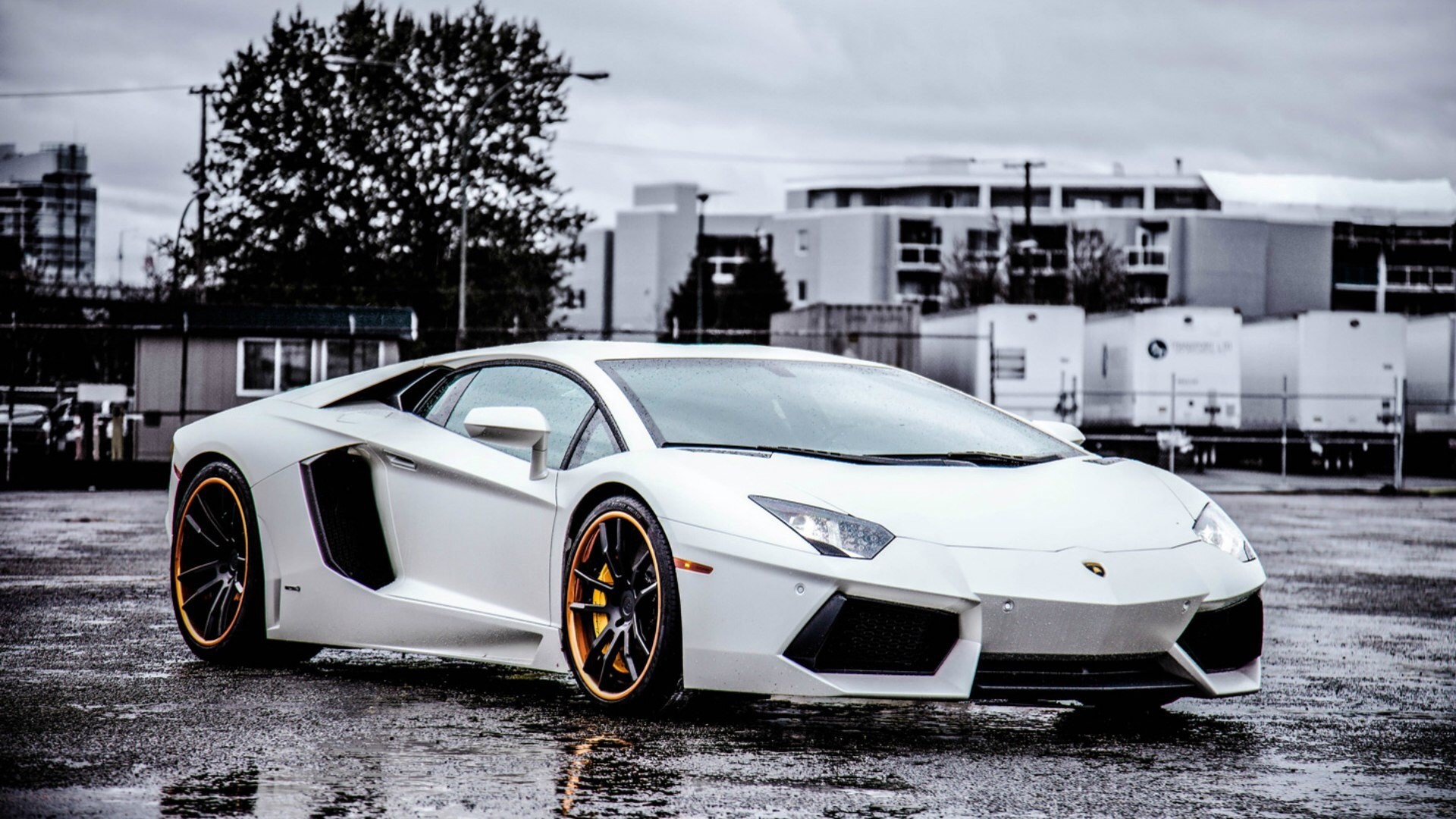 White Lamborghini Aventador LP 700-4 on wet asphalt HD Wallpaper