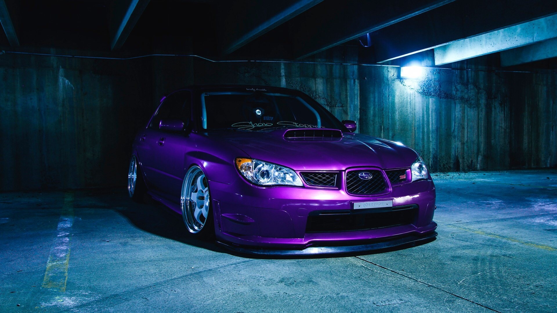 Purple Subaru Impreza STI in parking garage HD Wallpaper