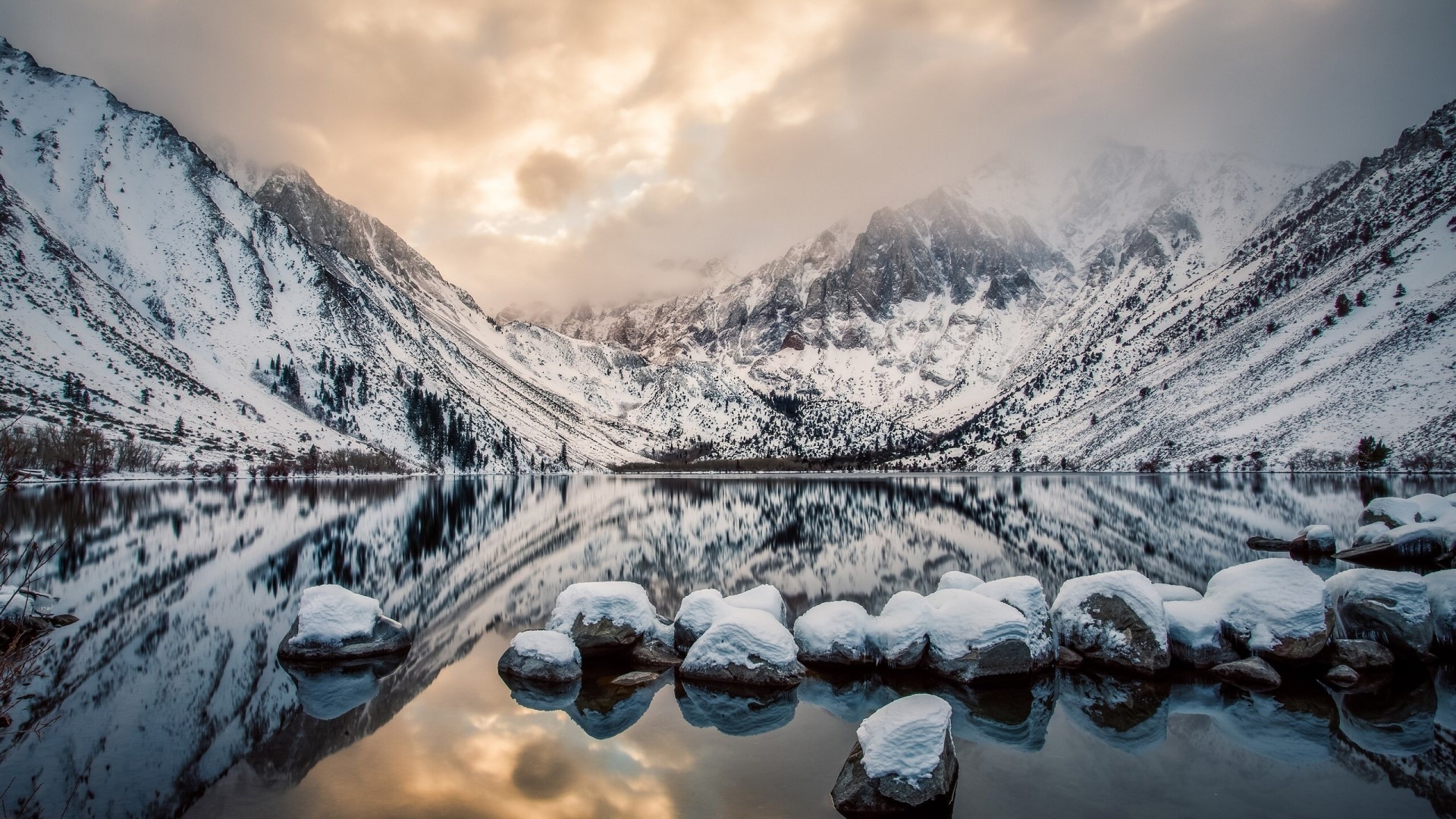 Snowy Mountains Reflecting in a Lake in California HD Wallpaper