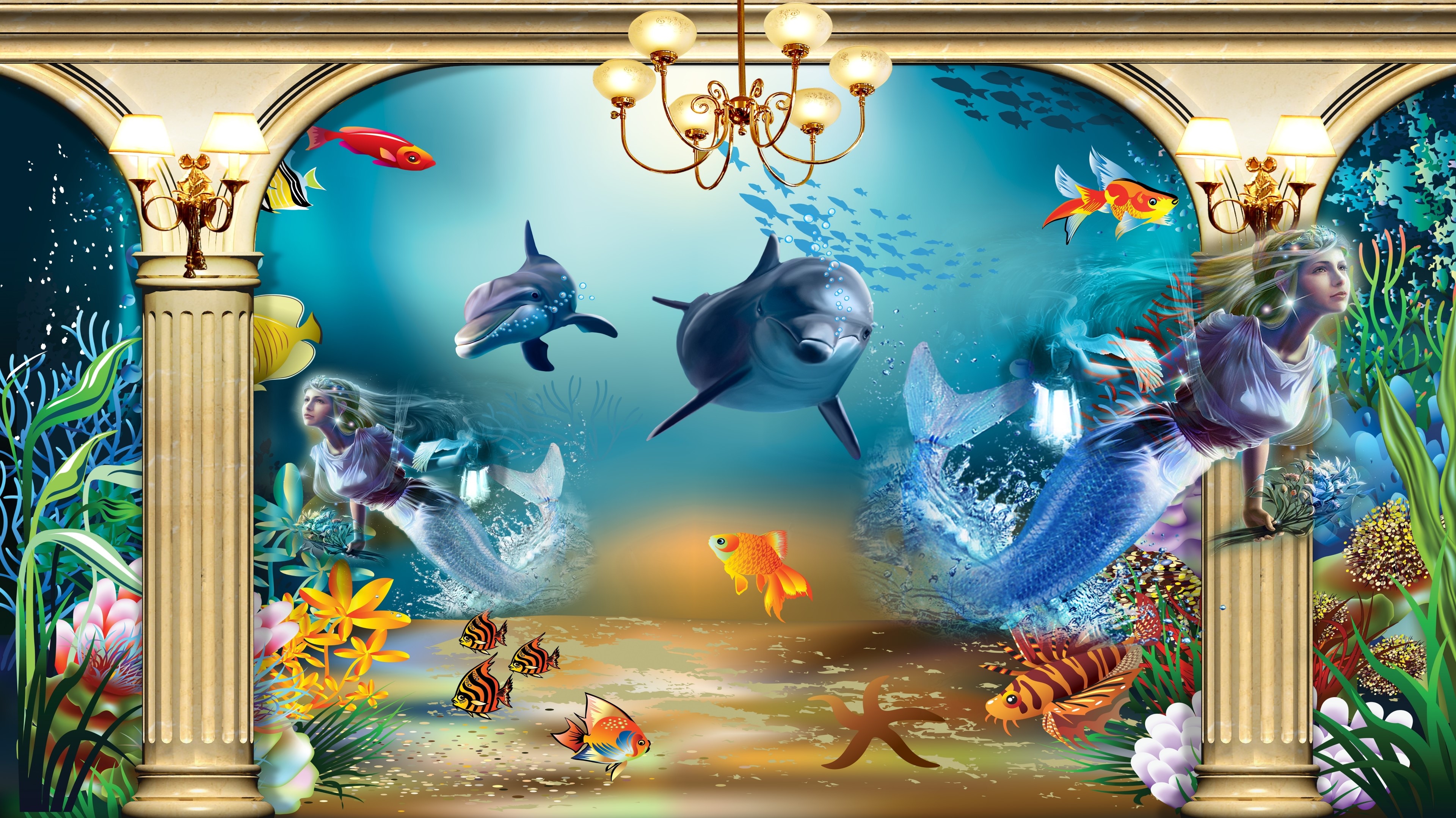 4K Underwater World with Mermaids and Dolphins HD Wallpaper