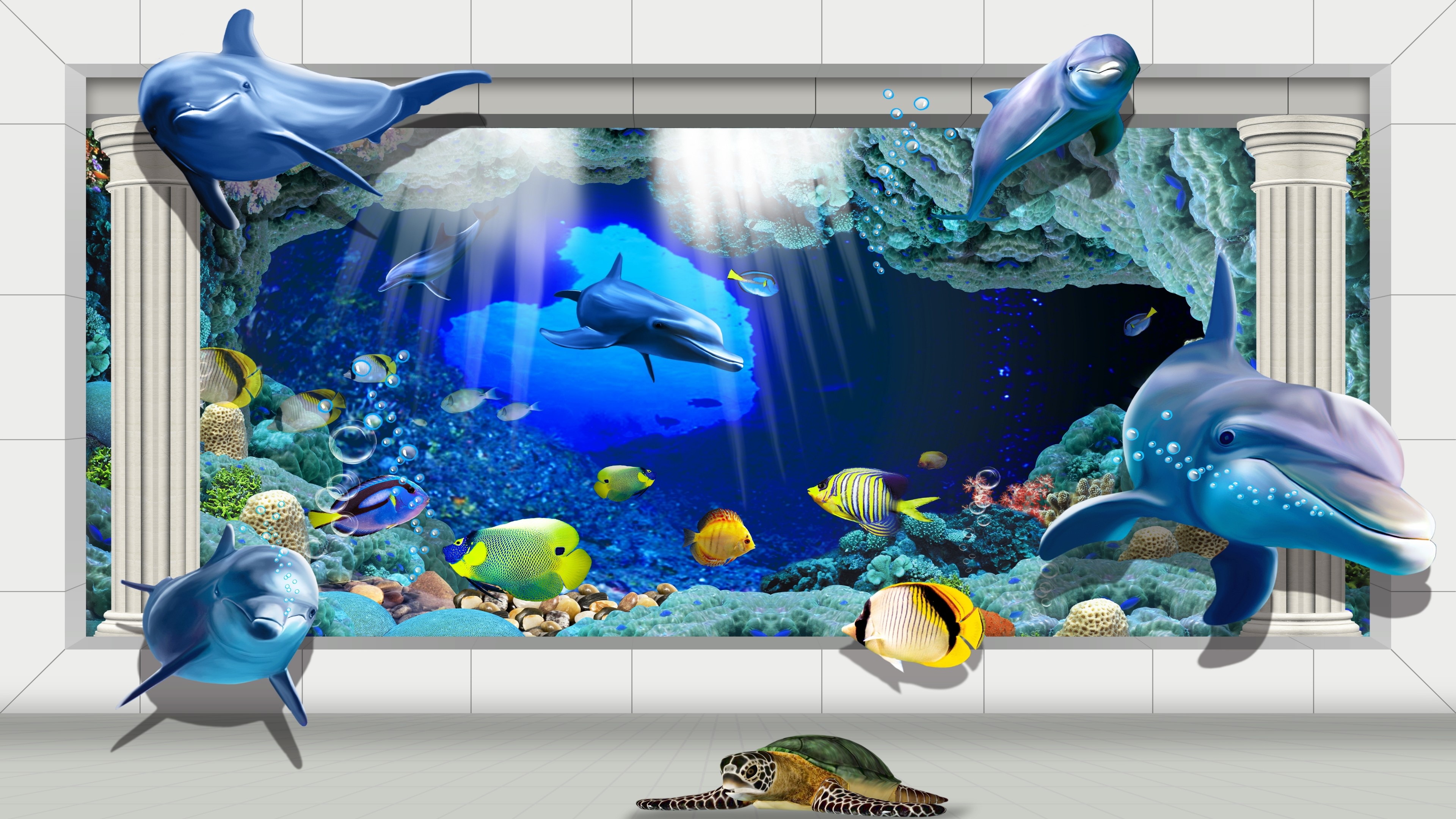 4K Fantasy Aquarium with Dolphins and Sea Turtle HD Wallpaper