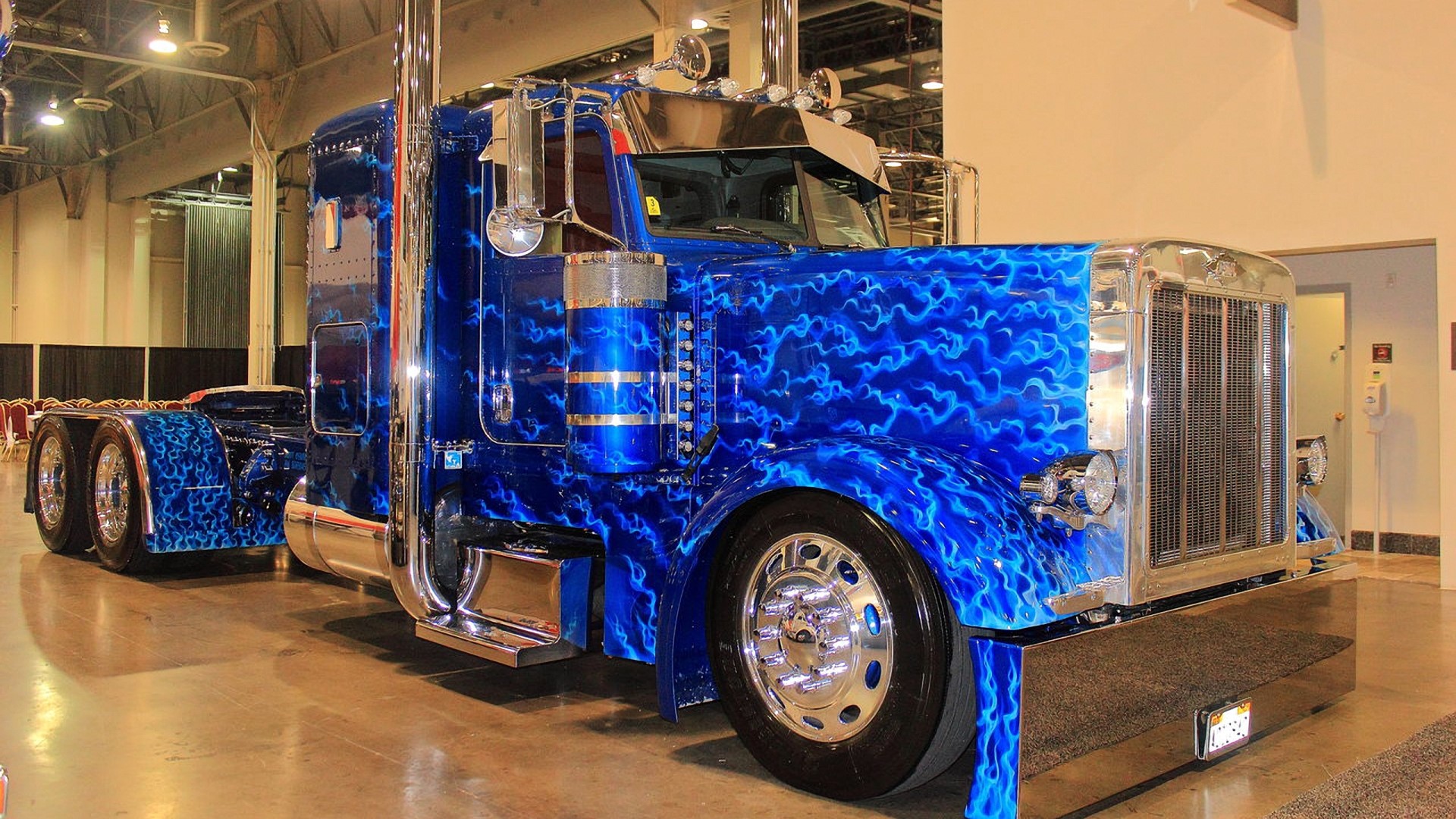 Custom blue flame Peterbilt semi-truck HD Wallpaper