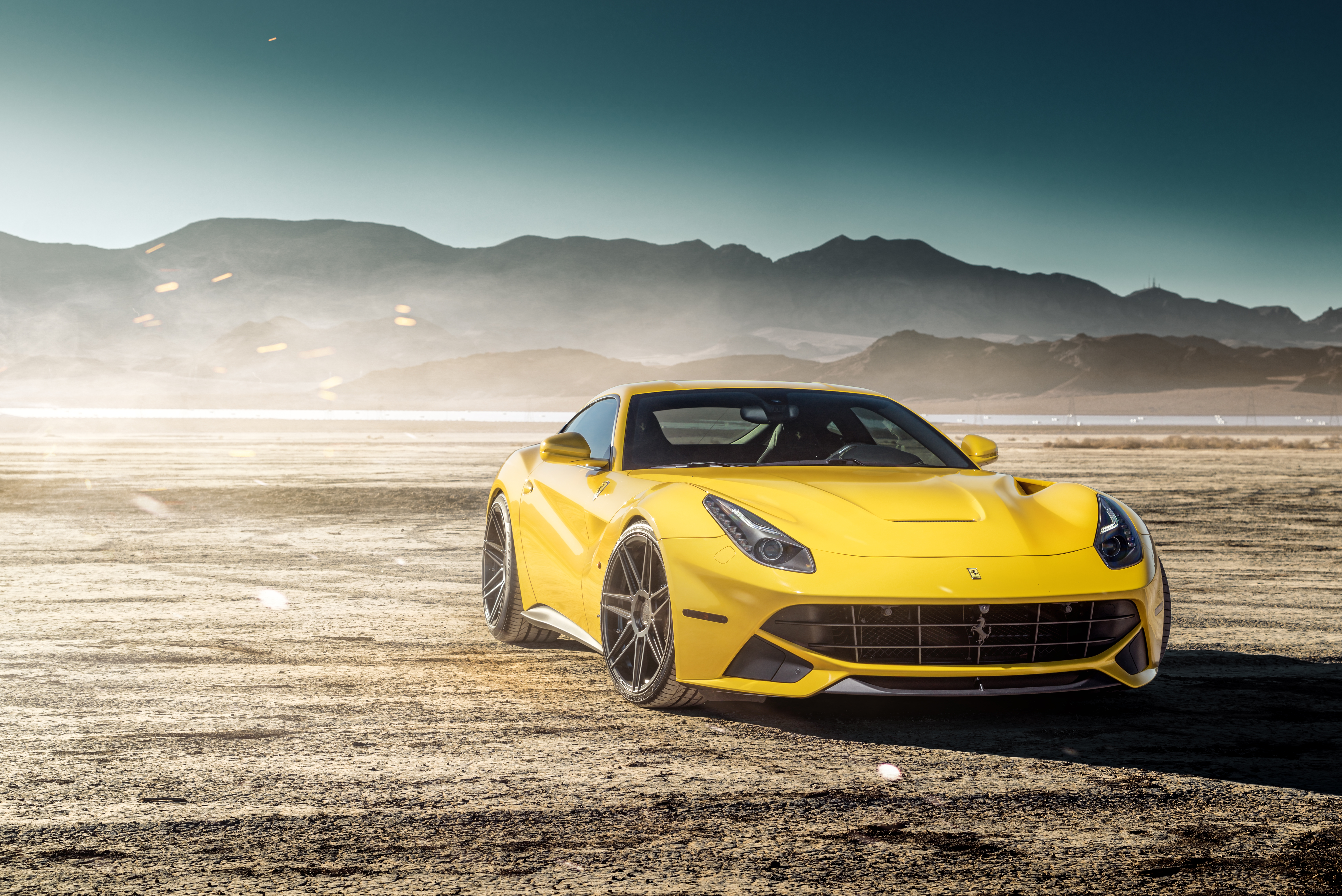 Yellow Ferrari F12berlinetta with Ferrada Wheels in Desert HD Wallpaper