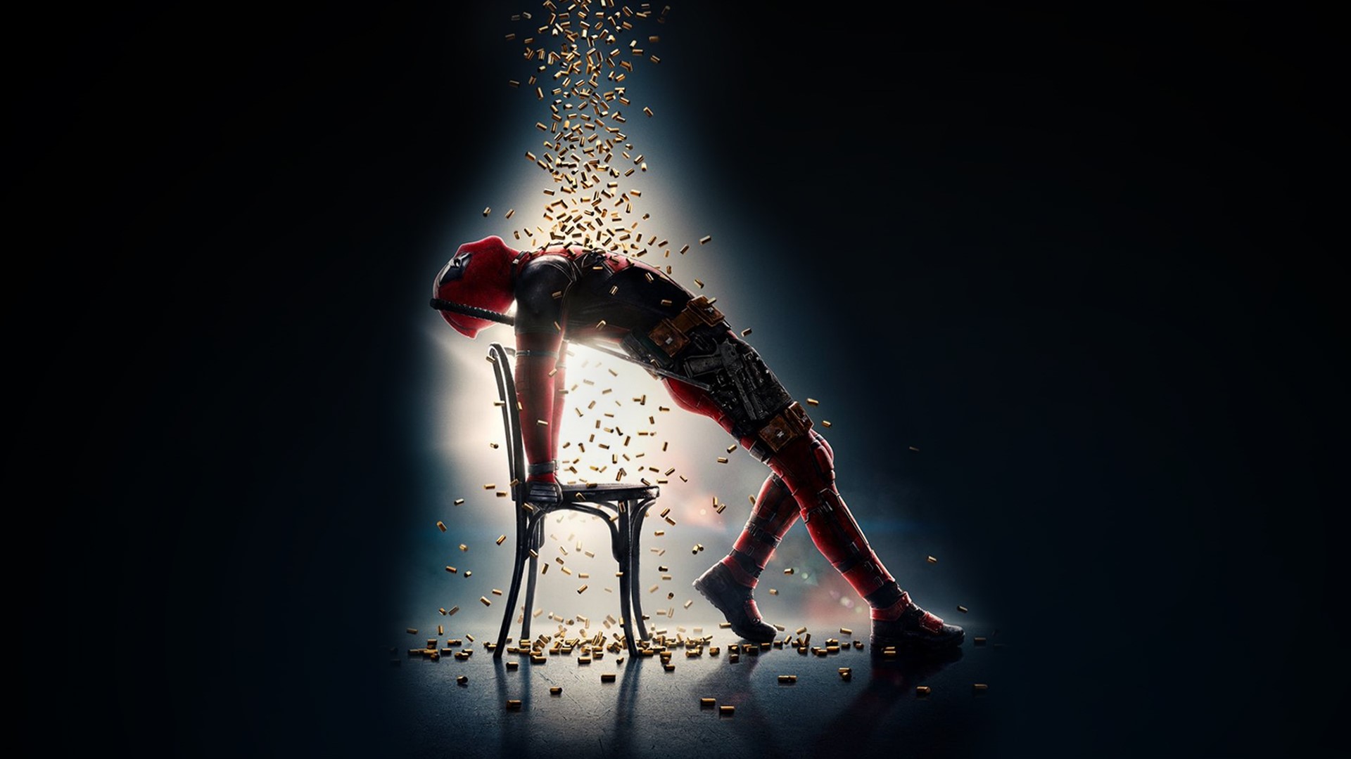 Deadpool leaning on a chair with bullets falling HD Wallpaper