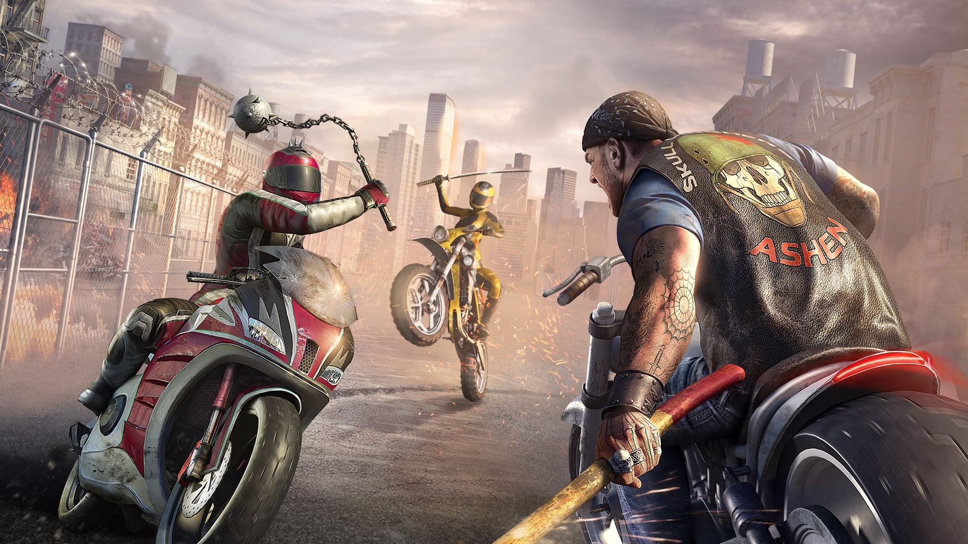 Motorcycle combat in a post-apocalyptic city HD Wallpaper