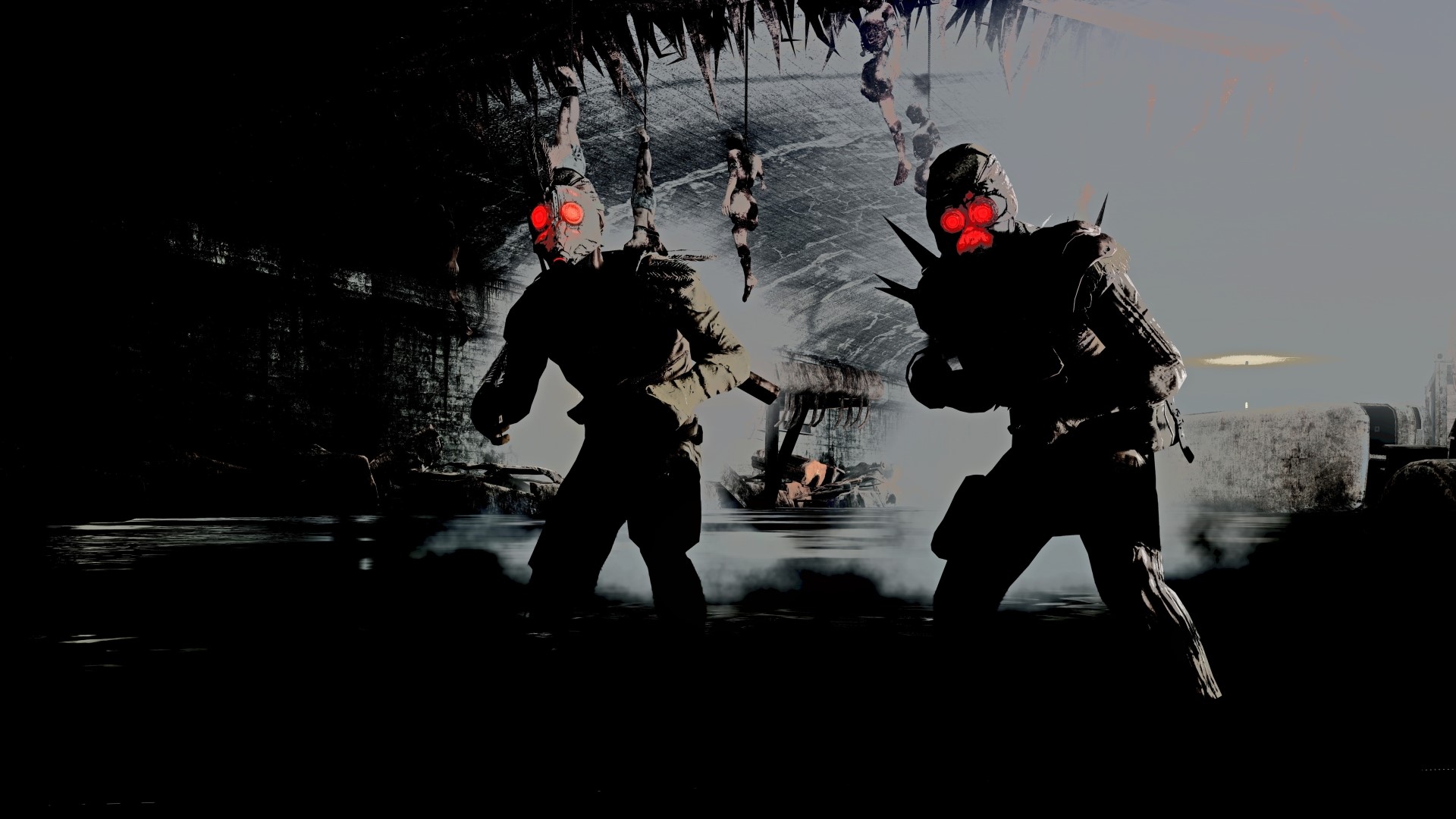 Two figures with red glowing eyes in a dark environment HD Wallpaper