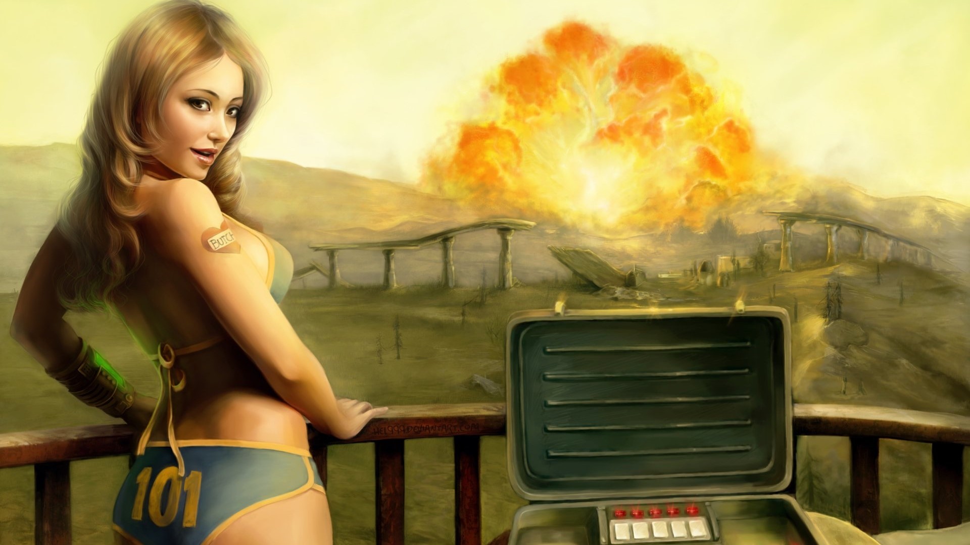 Woman in Vault 101 bikini with explosion in Fallout 3 HD Wallpaper