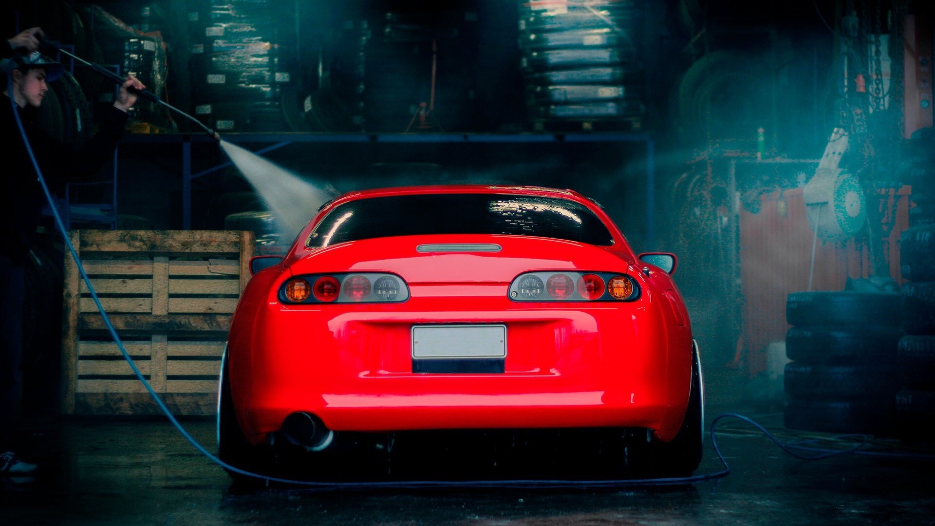 Red Toyota Supra being washed HD Wallpaper