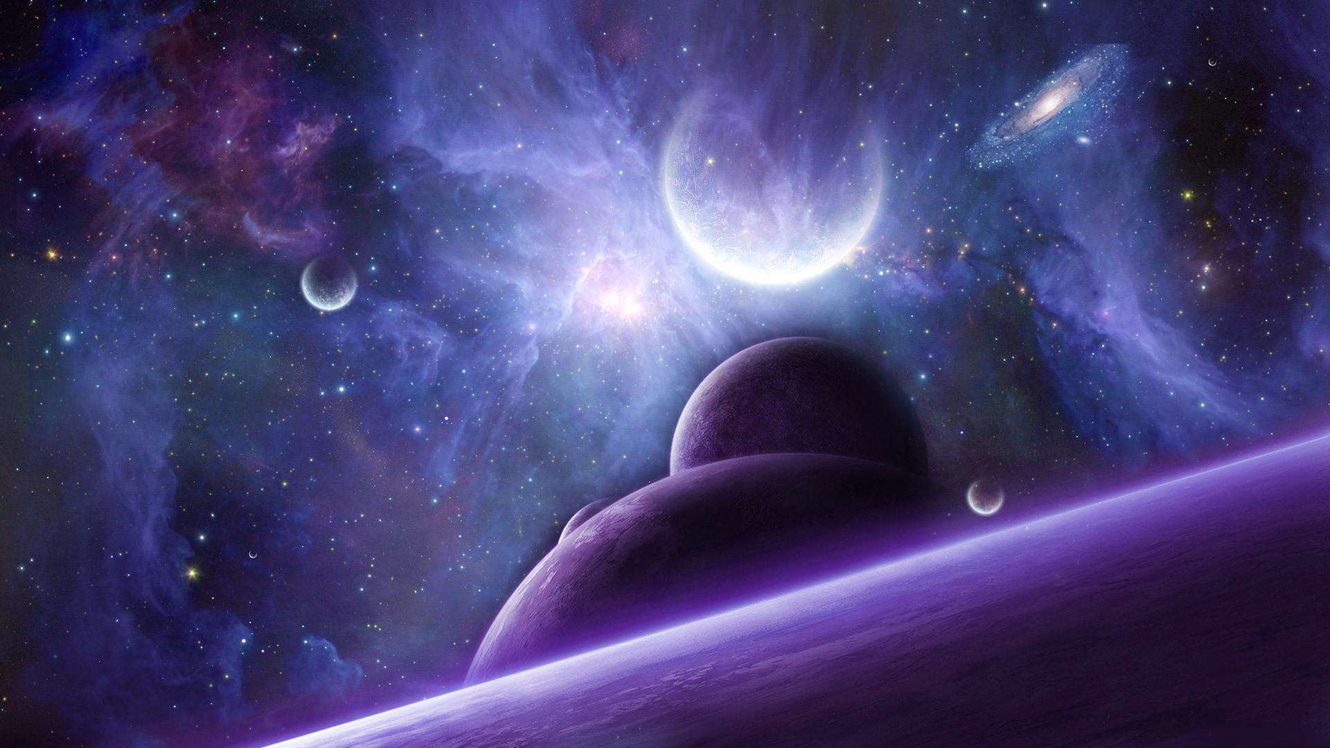 Purple Nebula and Planets in Space HD Wallpaper