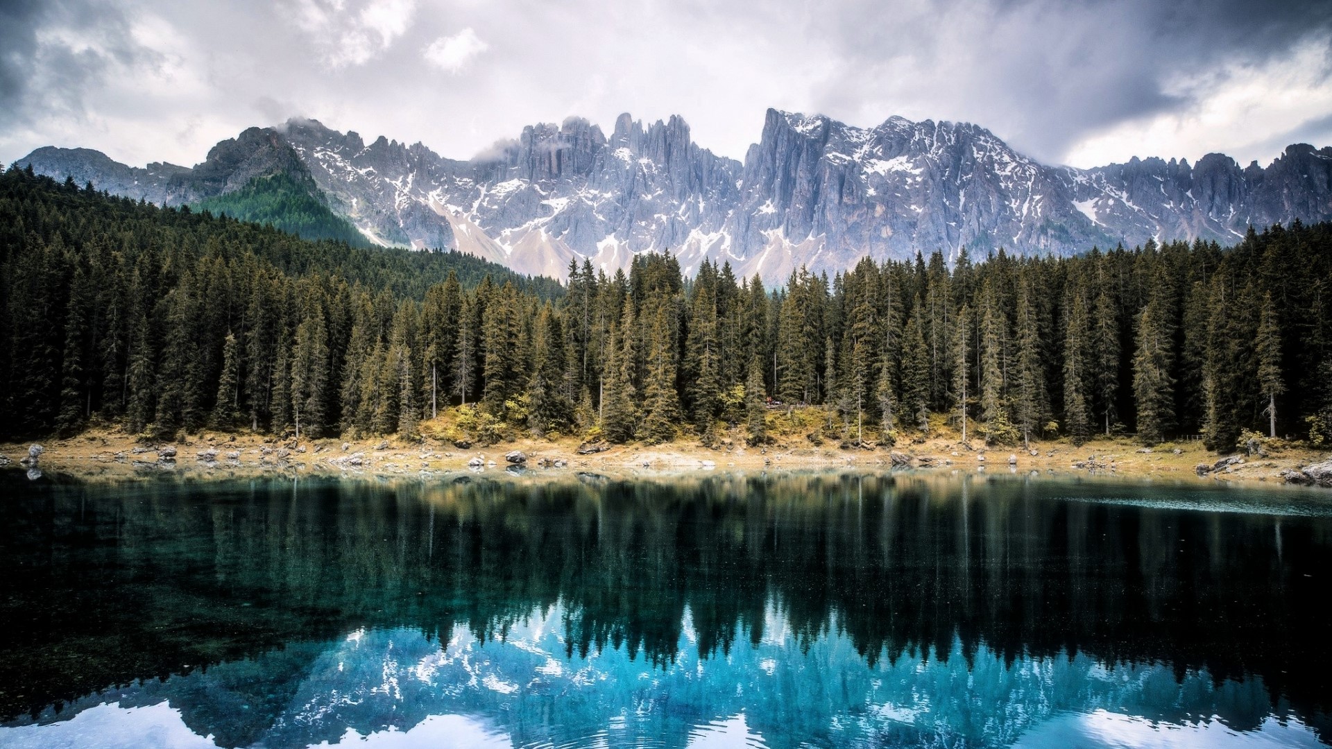 Lake with Forest and Snow-Capped Mountains HD Wallpaper