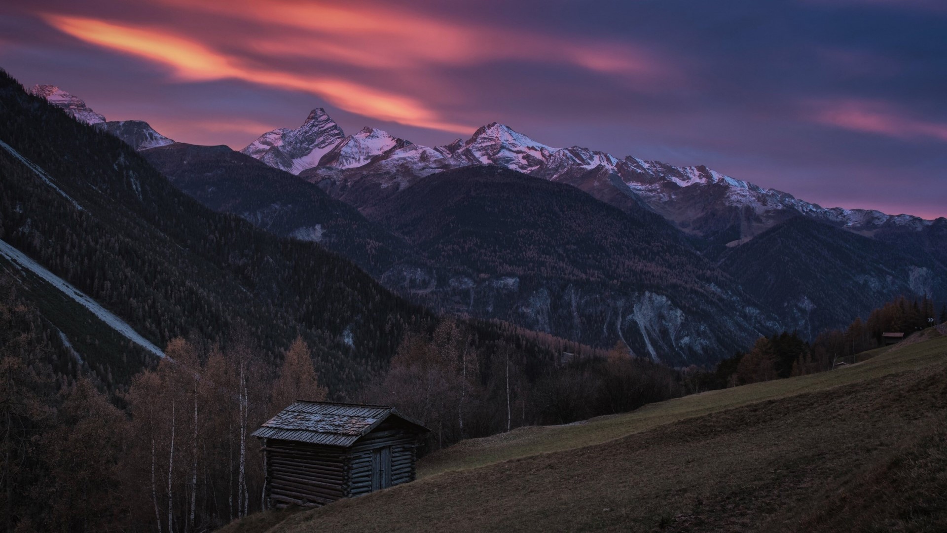 Wooden cabin in Swiss Alps at sunset HD Wallpaper